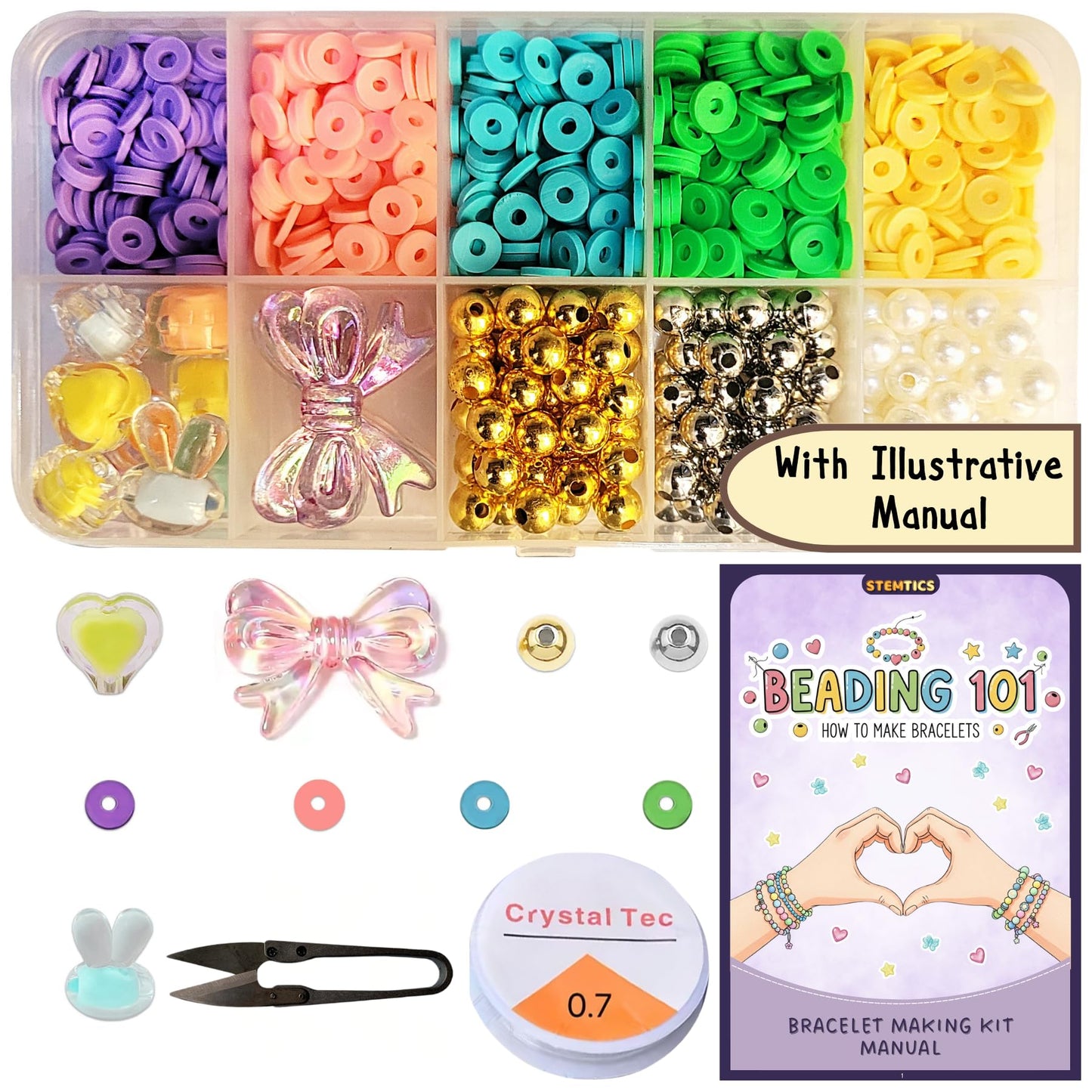 Multicolor Bracelet Making Kit for Girls Age 5-8 Years Old with Beads Acrylic. Main product image showing the full assortment for jewelry making and craft work.