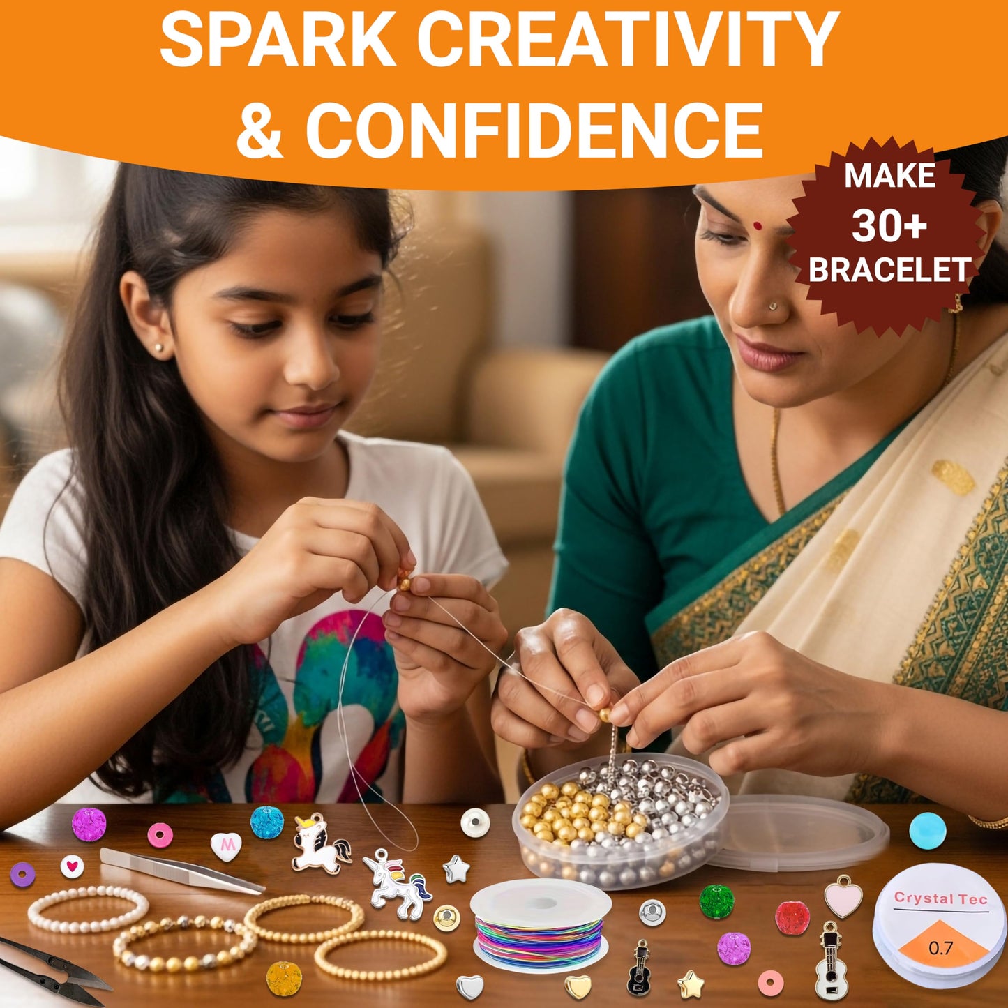 Multicolor Unicorn Bracelet Making Kit with Beads and Charms Acrylic. Detailed product image showing size, surface, and material quality.