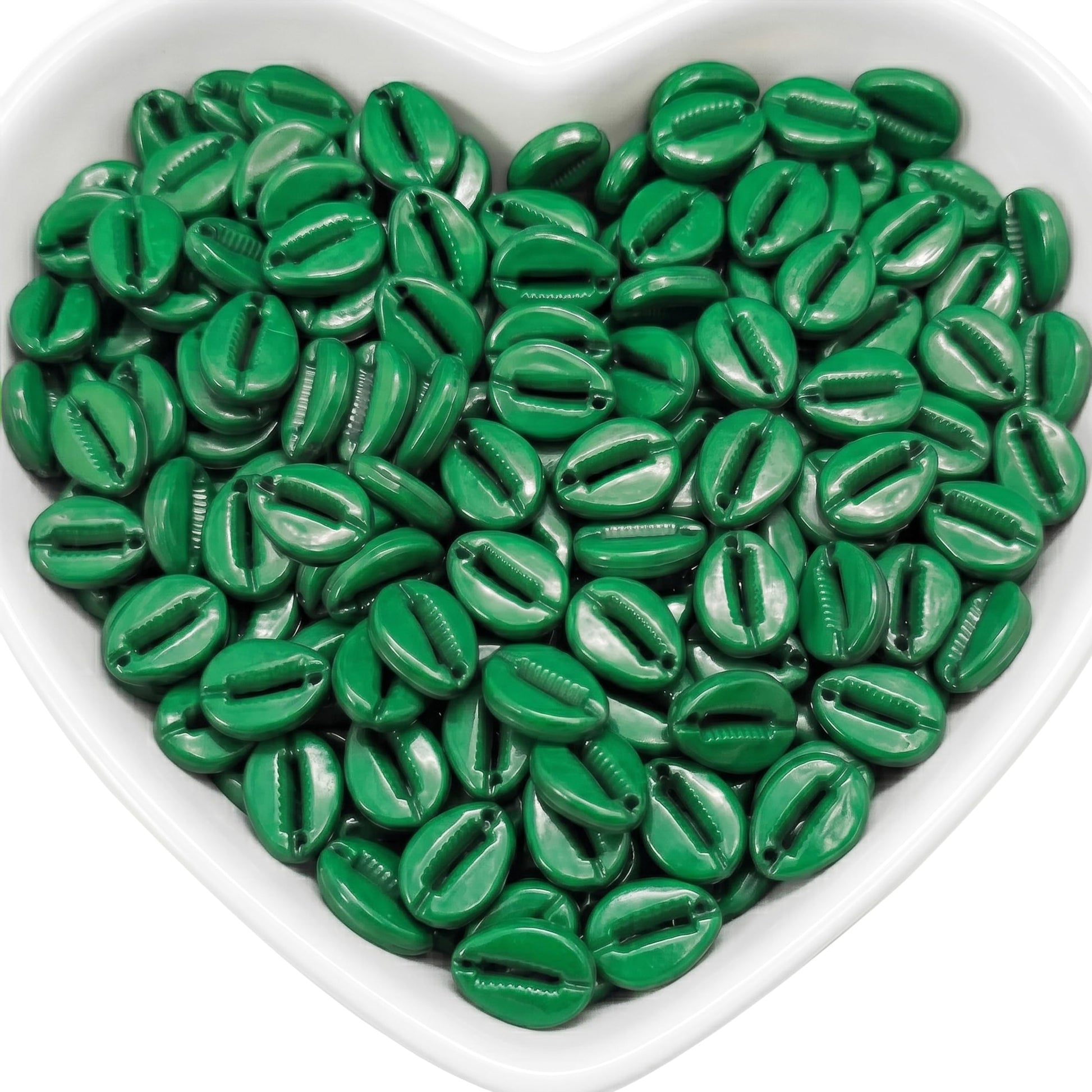 Create beach-inspired jewelry with dark green cowrie-style beads for charms, necklaces and crafts.