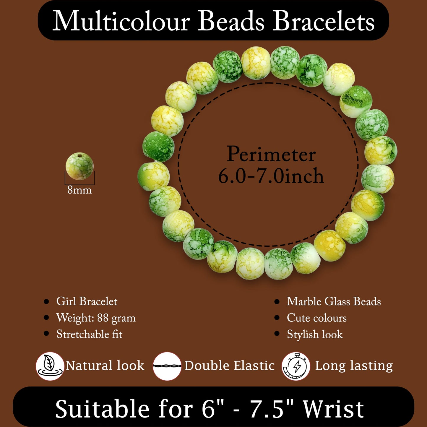 Gift a cheerful handmade accessory with a yellow and green marble beaded bracelet for casual outfits.