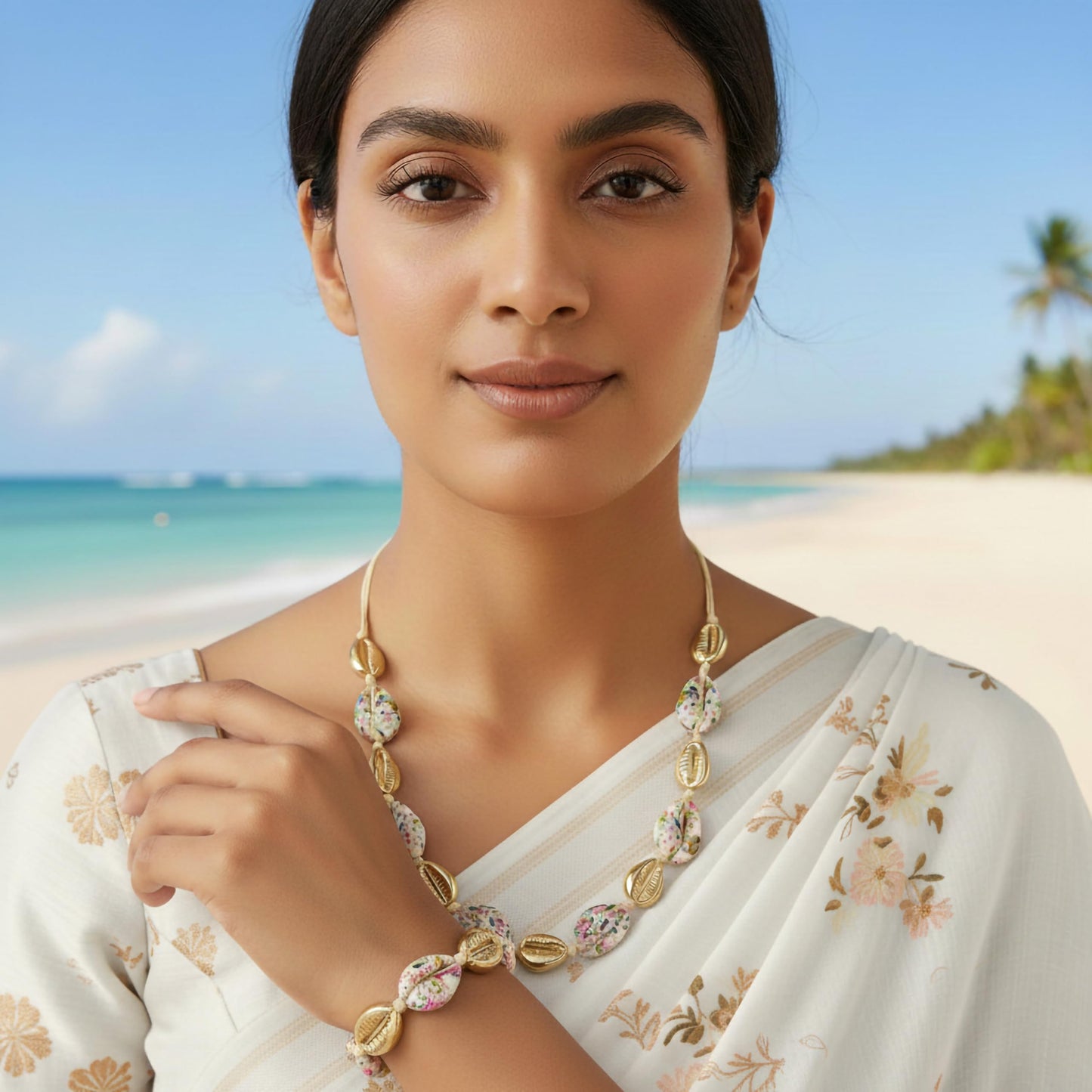 Boho shell jewellery set with adjustable bracelet and necklace beach style fashion accessory