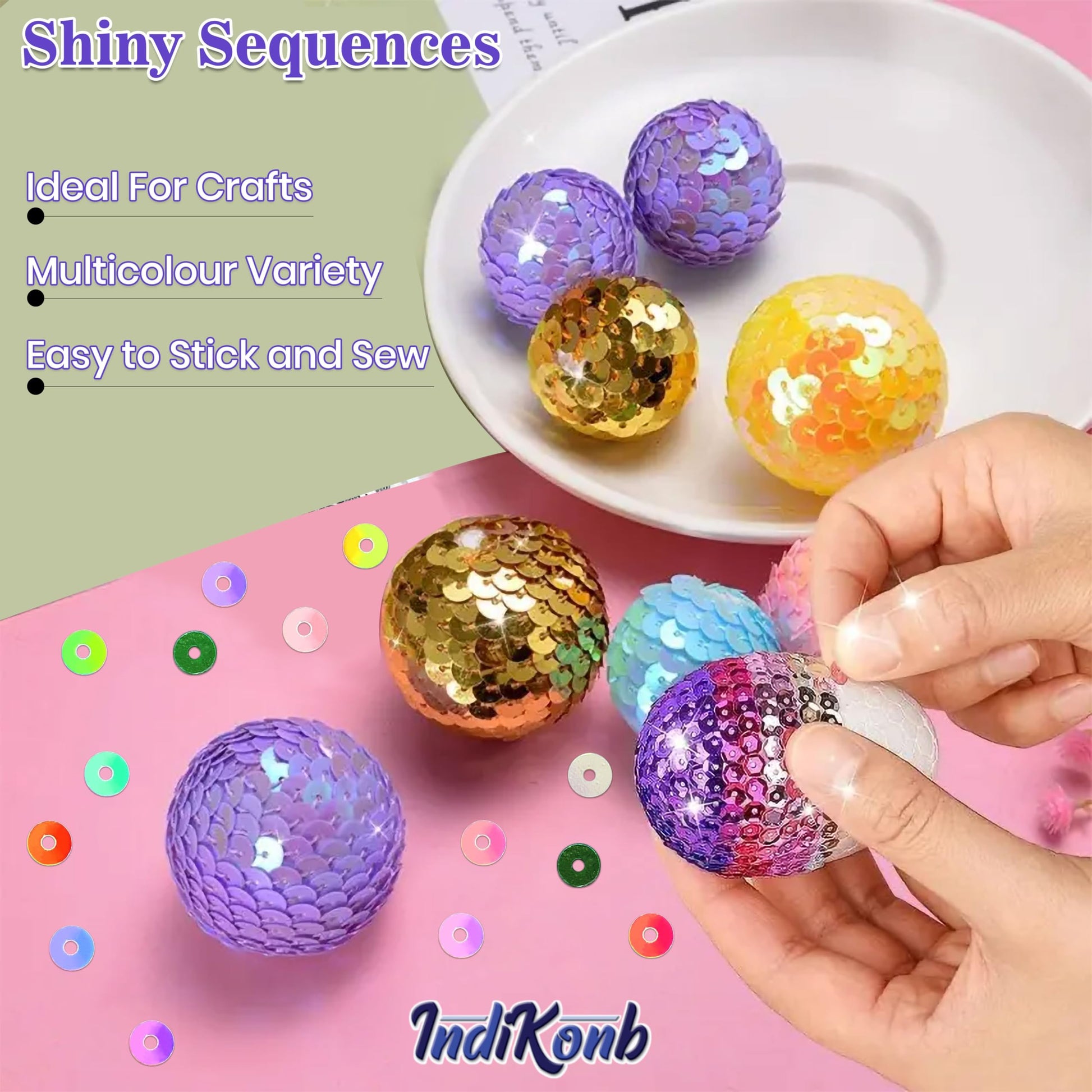 Baby Pink Shiny Sequins Round Shape. Assorted layout image showing beads organized for bracelet and DIY projects.