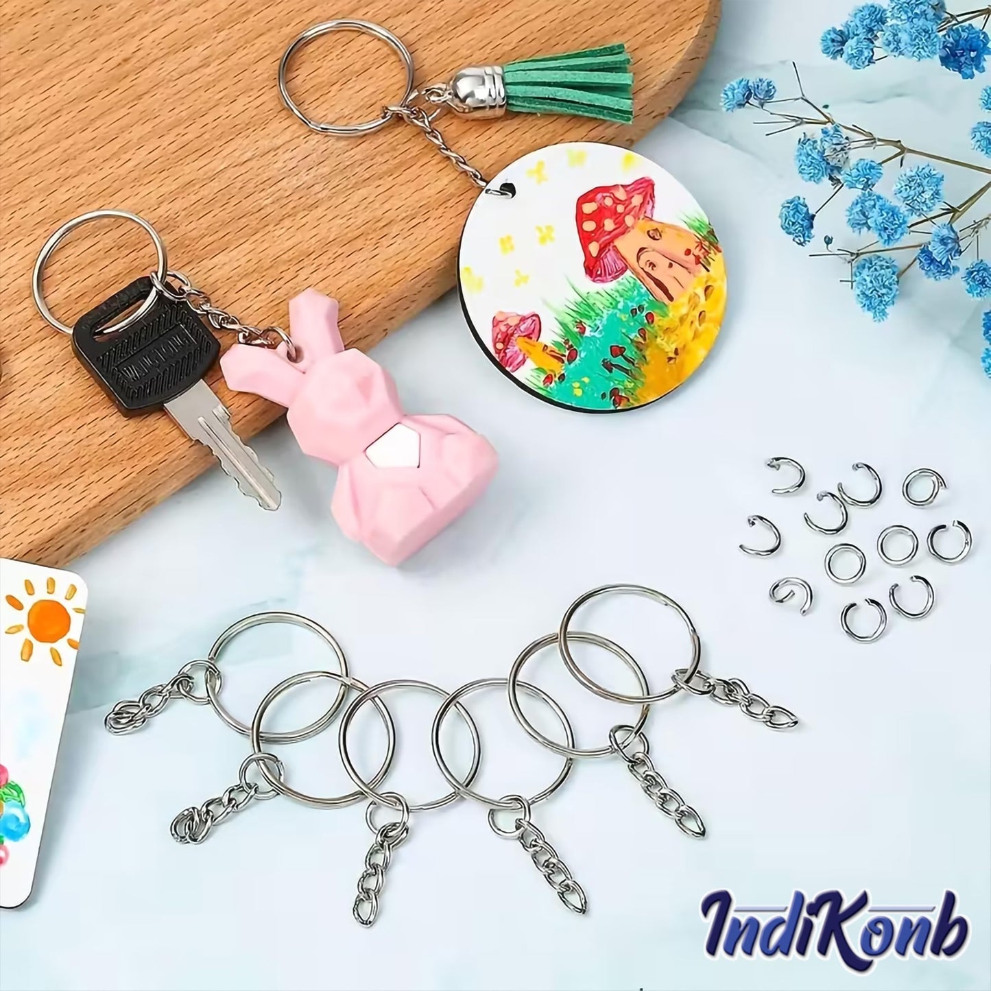 Silver Metal Split Keychain Rings with Open Jump Rings. Alternate angle image showing product appearance and use.