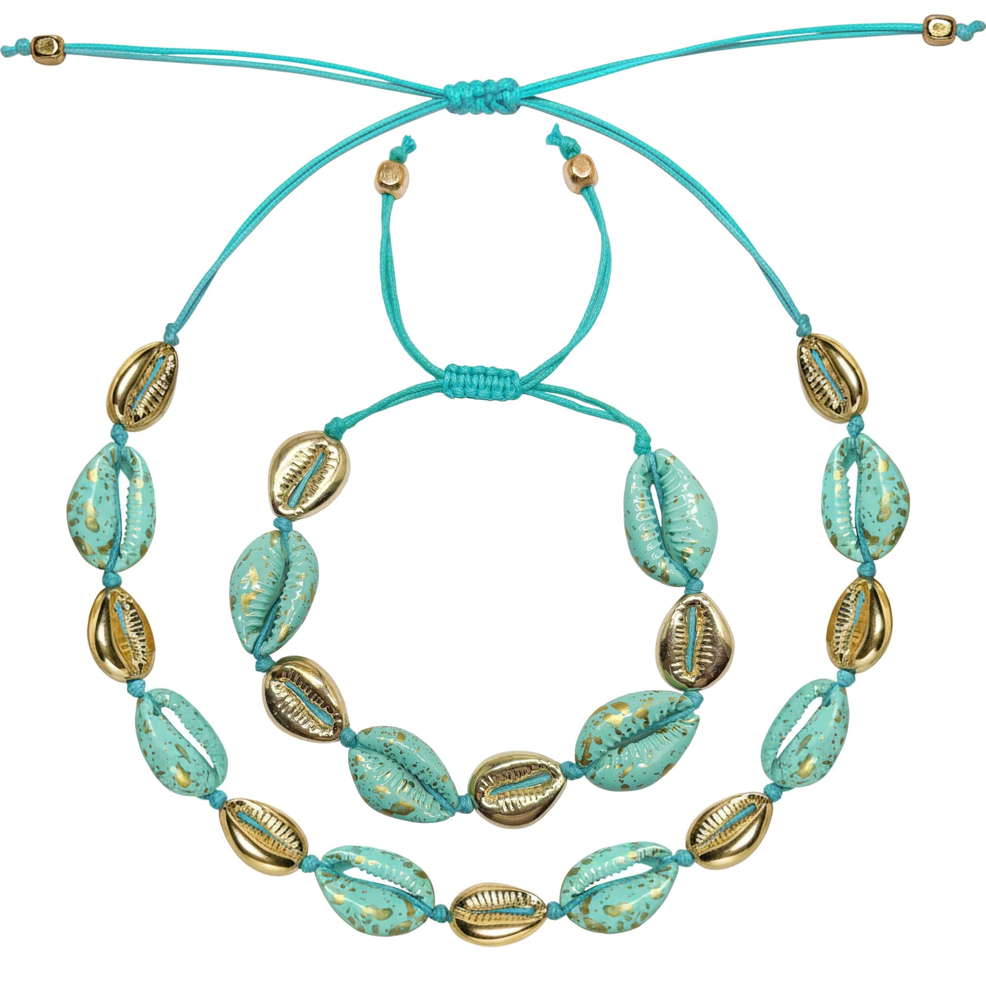 Turquoise blue cowrie shell necklace bracelet set adjustable boho beach jewellery for girls