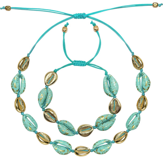 Turquoise blue cowrie shell necklace bracelet set adjustable boho beach jewellery for girls