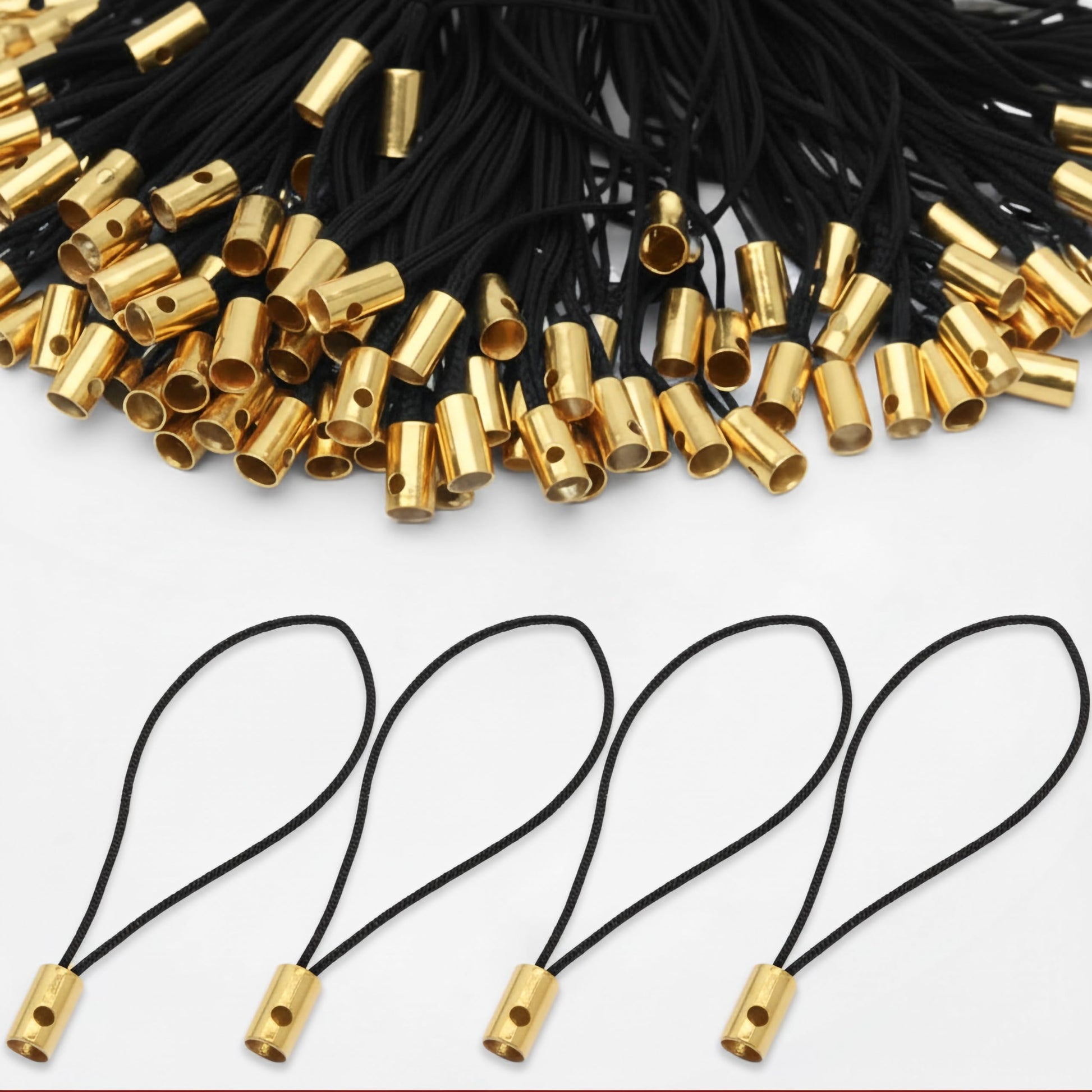 Build playful wrist straps and phone charms with gold 50 pcs cords, beads and connector loops.