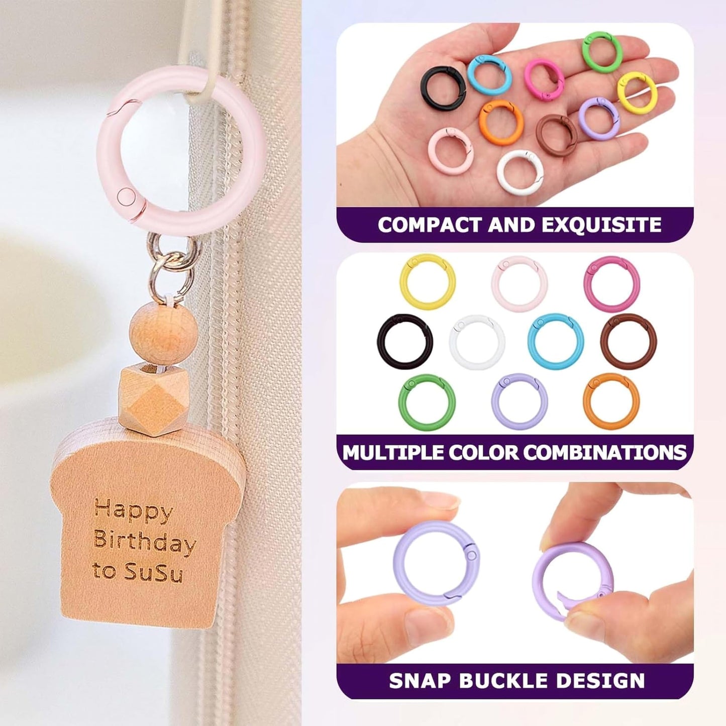 Add clean hardware finish to craft hanging projects and keychains with round spring O ring clips.