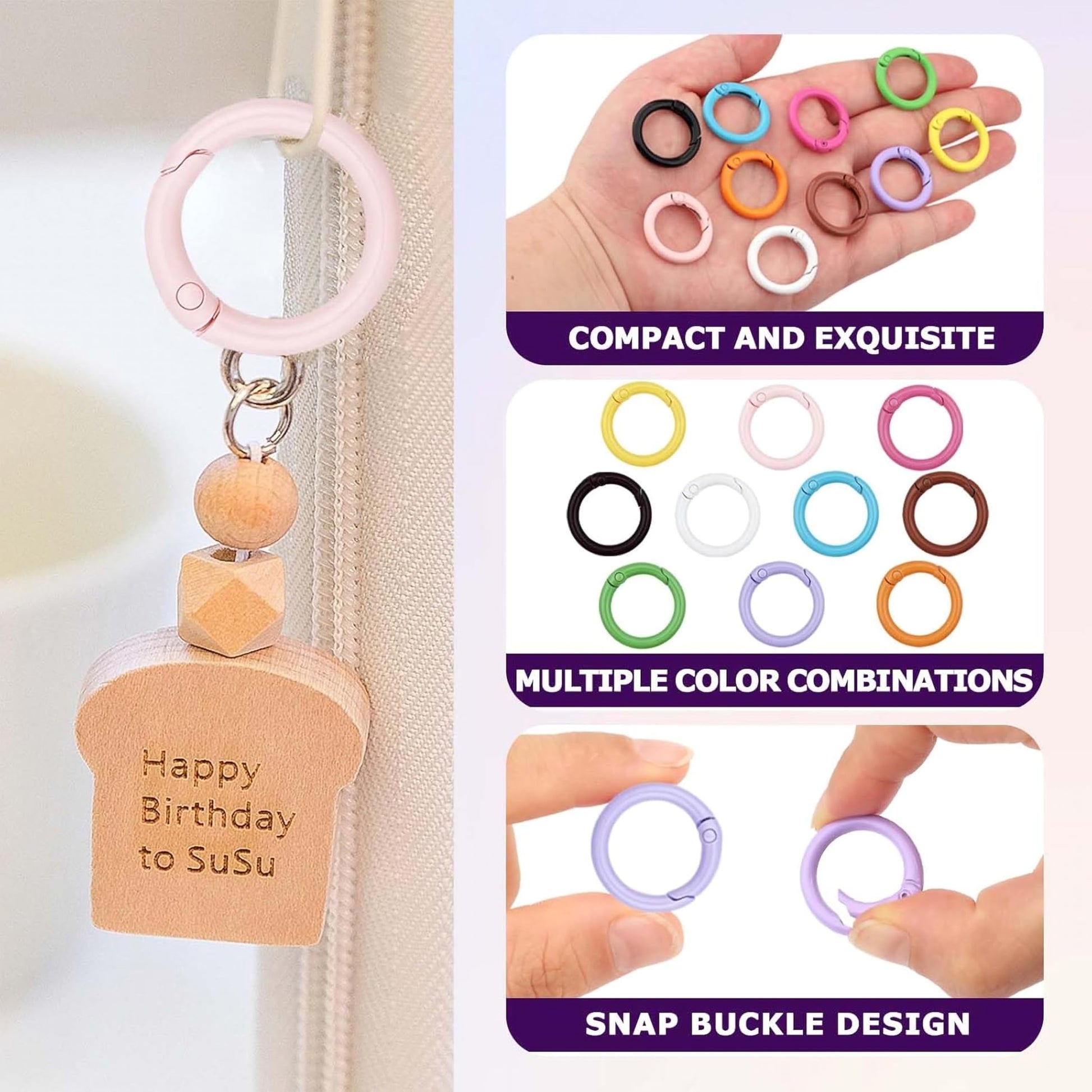 Add clean hardware finish to craft hanging projects and keychains with round spring O ring clips.