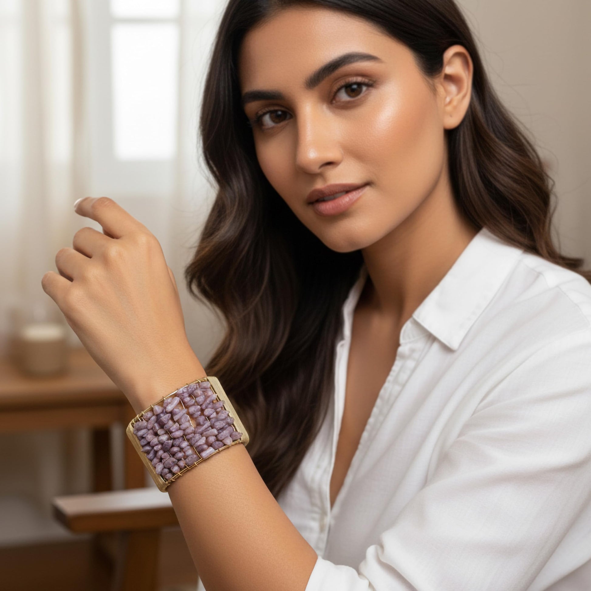 Add a bold handmade accent to outfits using a lavender chunky stone cuff bracelet.