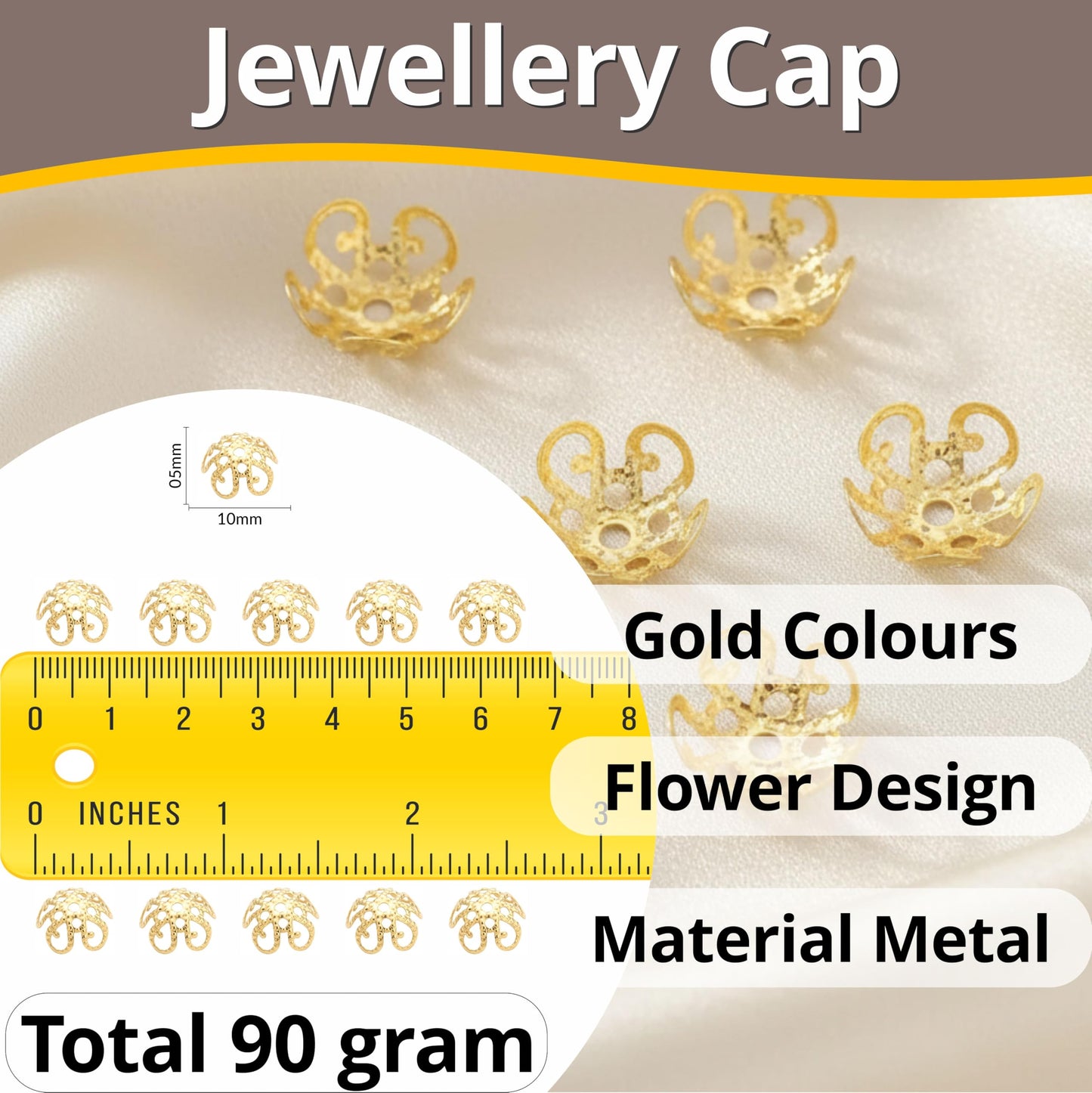 Give handmade latkan work a fresh accent through ornate gold latkan finishing caps.