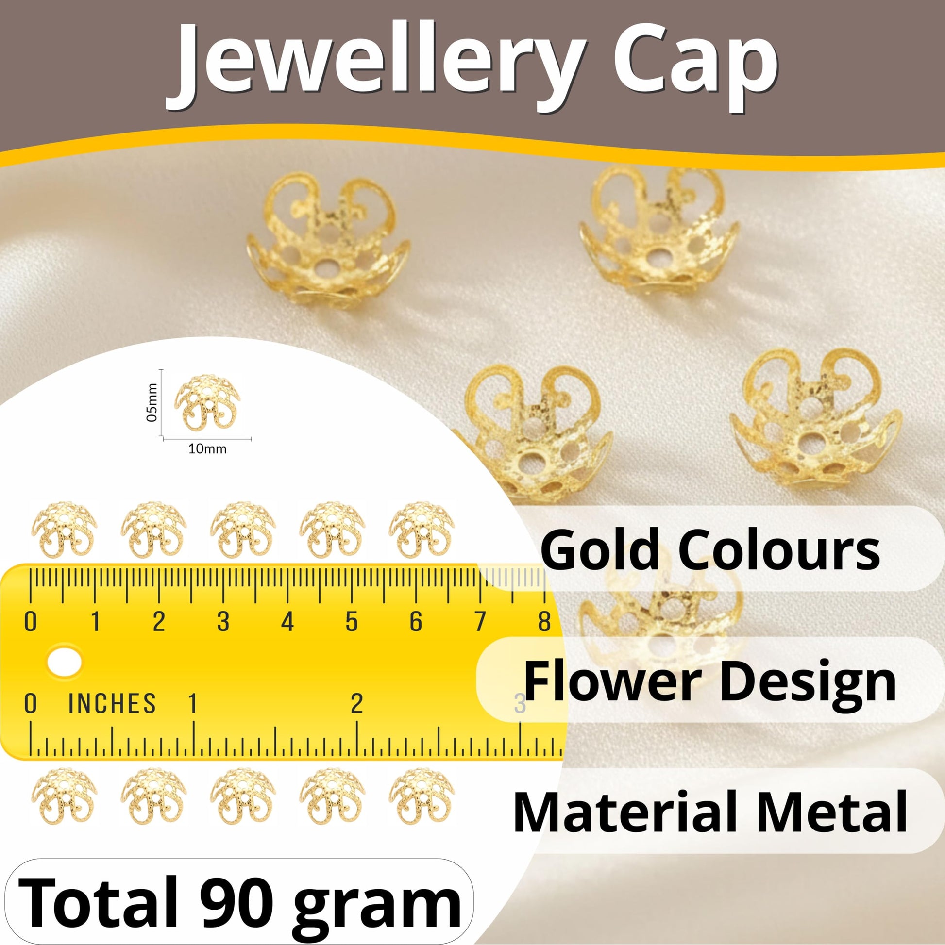 Give handmade latkan work a fresh accent through ornate gold latkan finishing caps.