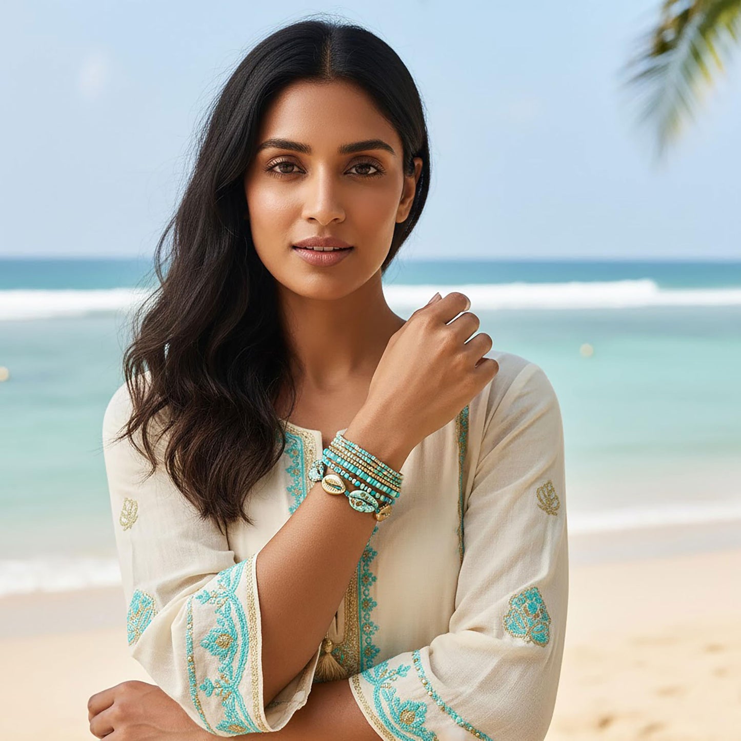 Bohemian Blue Layered Bracelets Stack for Women, Shell Aqua image 2