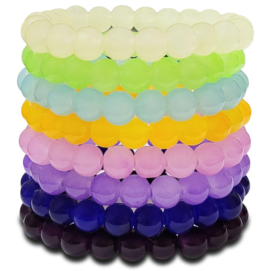 The fresh colour mix and a polished handmade look of multicolour glass and elastic bracelet supports party wear.