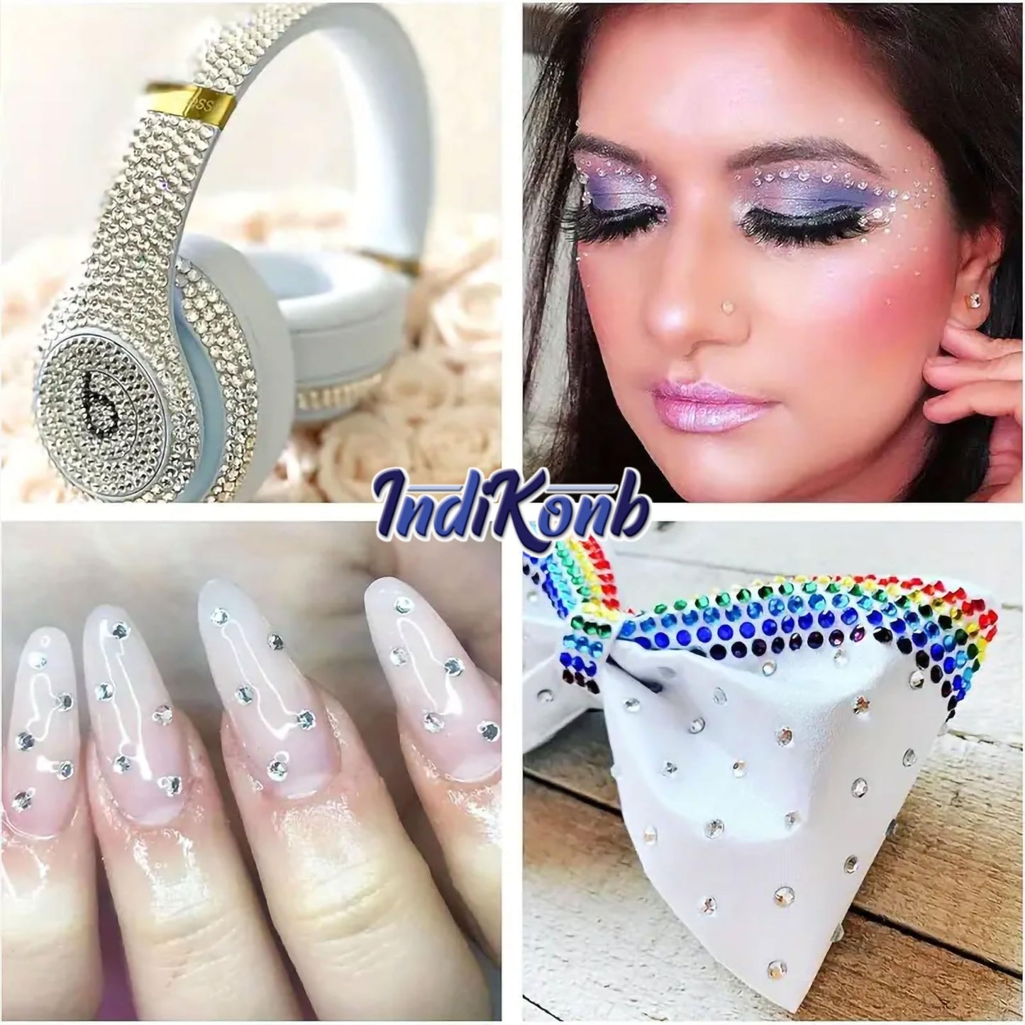 Neat decorative finish makes silver 6mm and multicolour 4mm, 5mm, 6mm rhinestones and flatback stones stand out in fabric decoration, flatback craft designs and decorative craft.