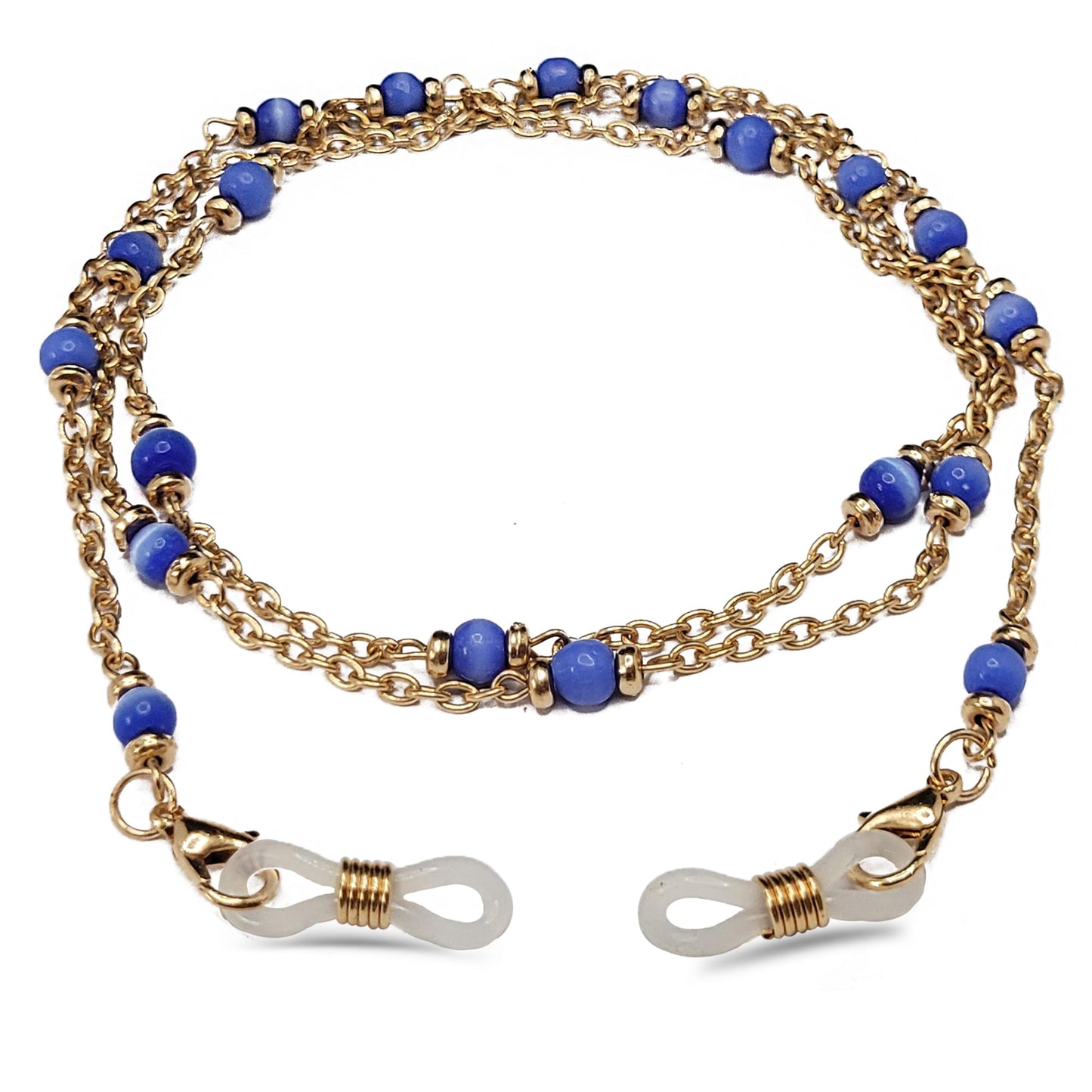 Add a clean decorative look into glasses and sunglasses, daily wear and travel use with gold blue glass eyewear strap.