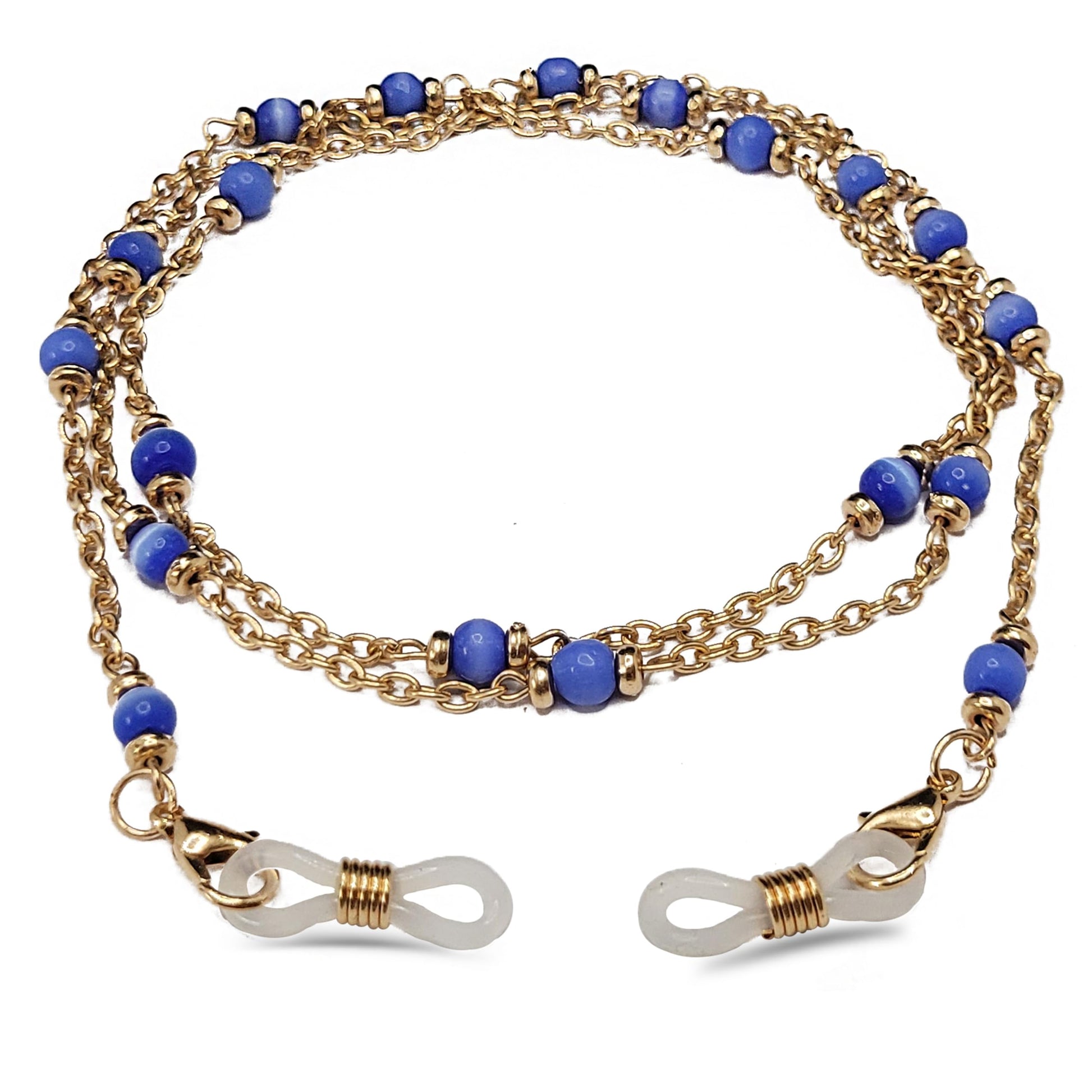 Add a clean decorative look into glasses and sunglasses, daily wear and travel use with gold blue glass eyewear strap.