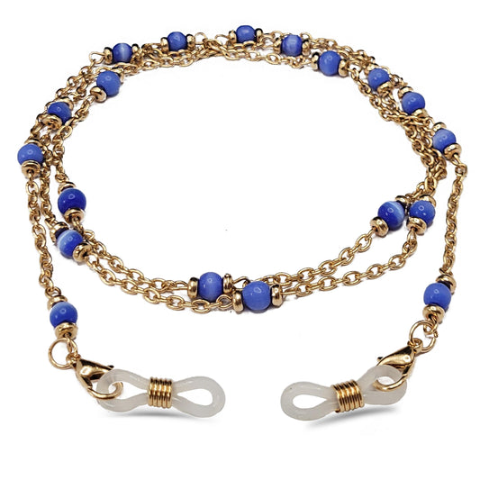 Add a clean decorative look into glasses and sunglasses, daily wear and travel use with gold blue glass eyewear strap.
