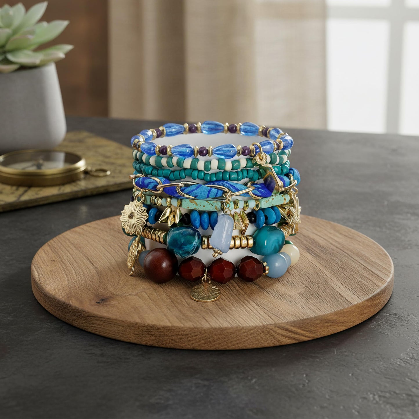 Create a breezy handmade look with sky blue beads, shell details and stacked bracelet styling.
