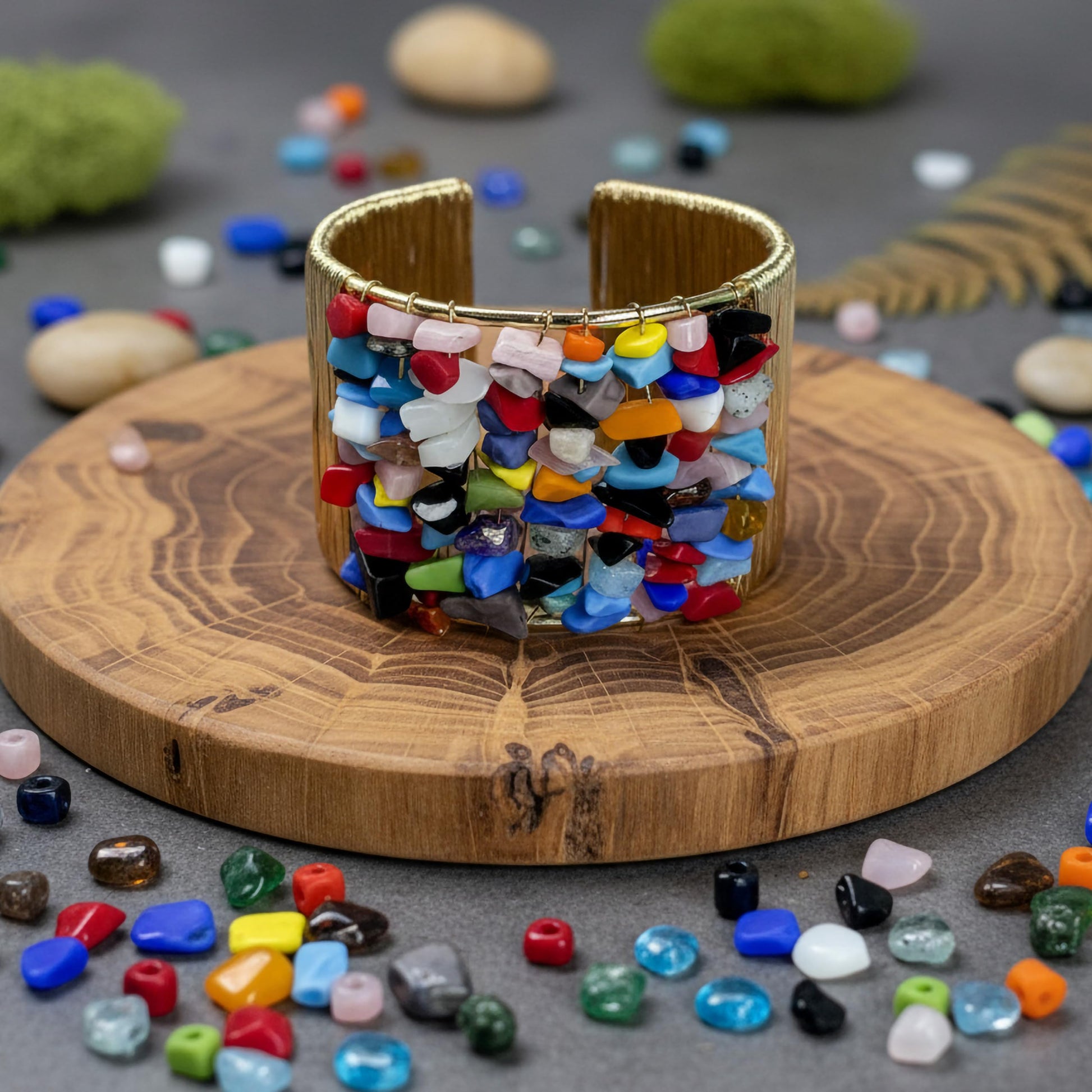 Bring modern jewelry texture to daily looks with multicolor stone chips wrapped in a cuff design.
