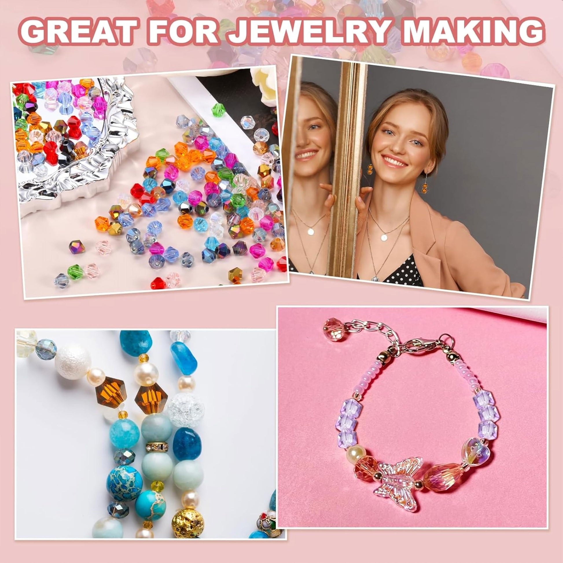 Bicone Acrylic Plastic Crystal-like Beads. Assorted layout image showing beads organized for bracelet and DIY projects.