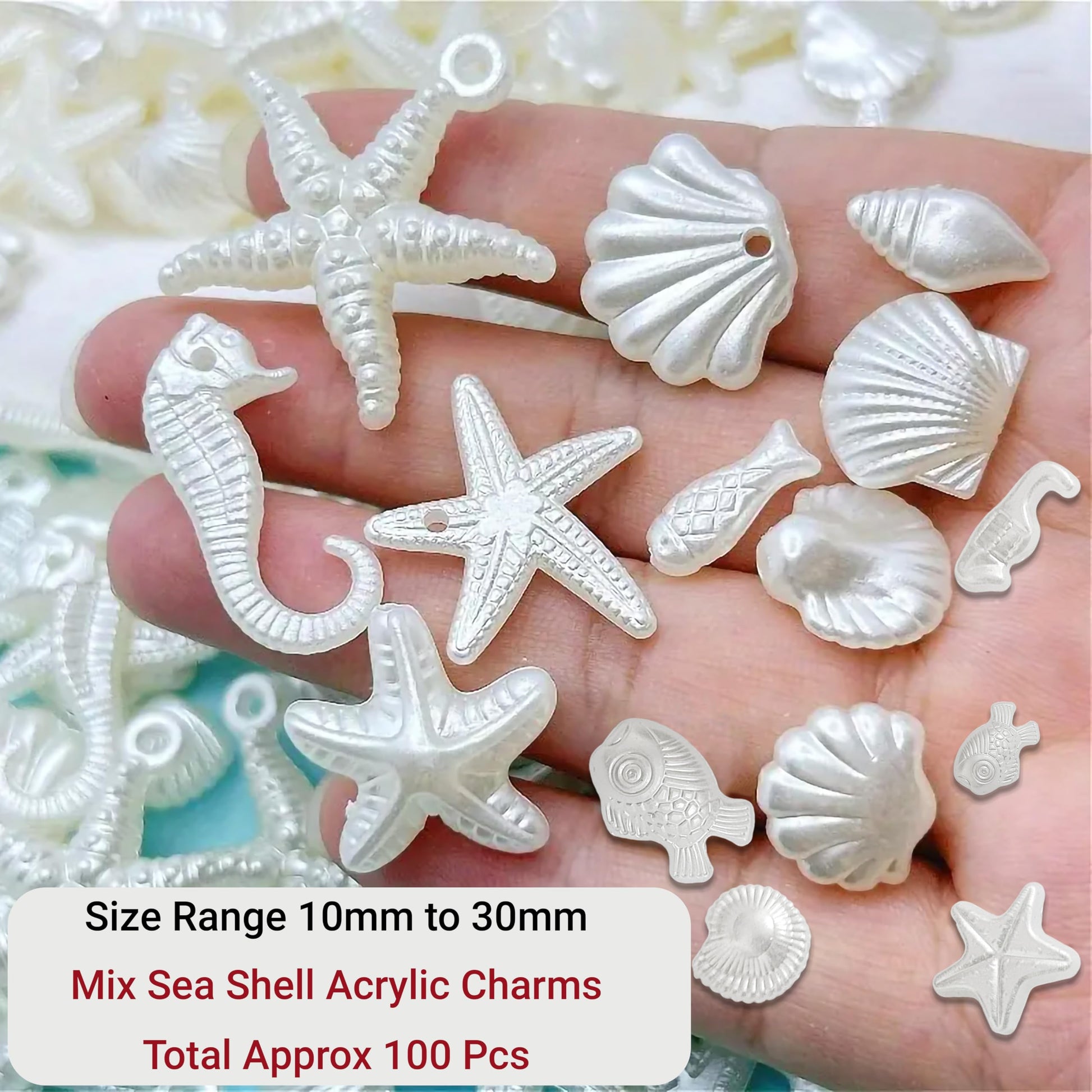 Offwhite Acrylic Beach Charms for DIY Bracelet Making Shell Beads Mix. Close-up image showing color, shape, finish, and texture details.