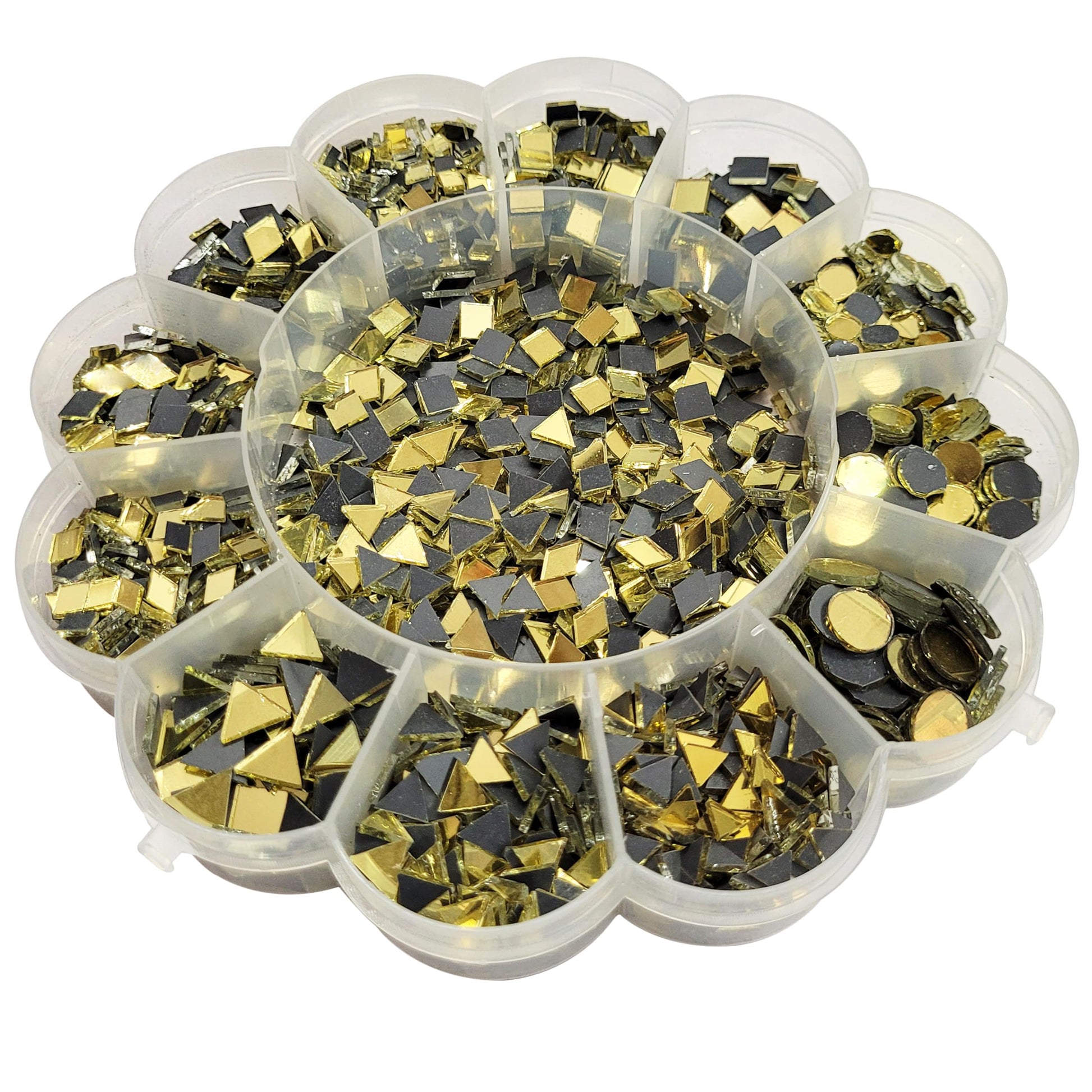 The reflective look of gold 4mm and 11mm Lippan art glass pieces supports Lippan art, mandala craft and mirror work.