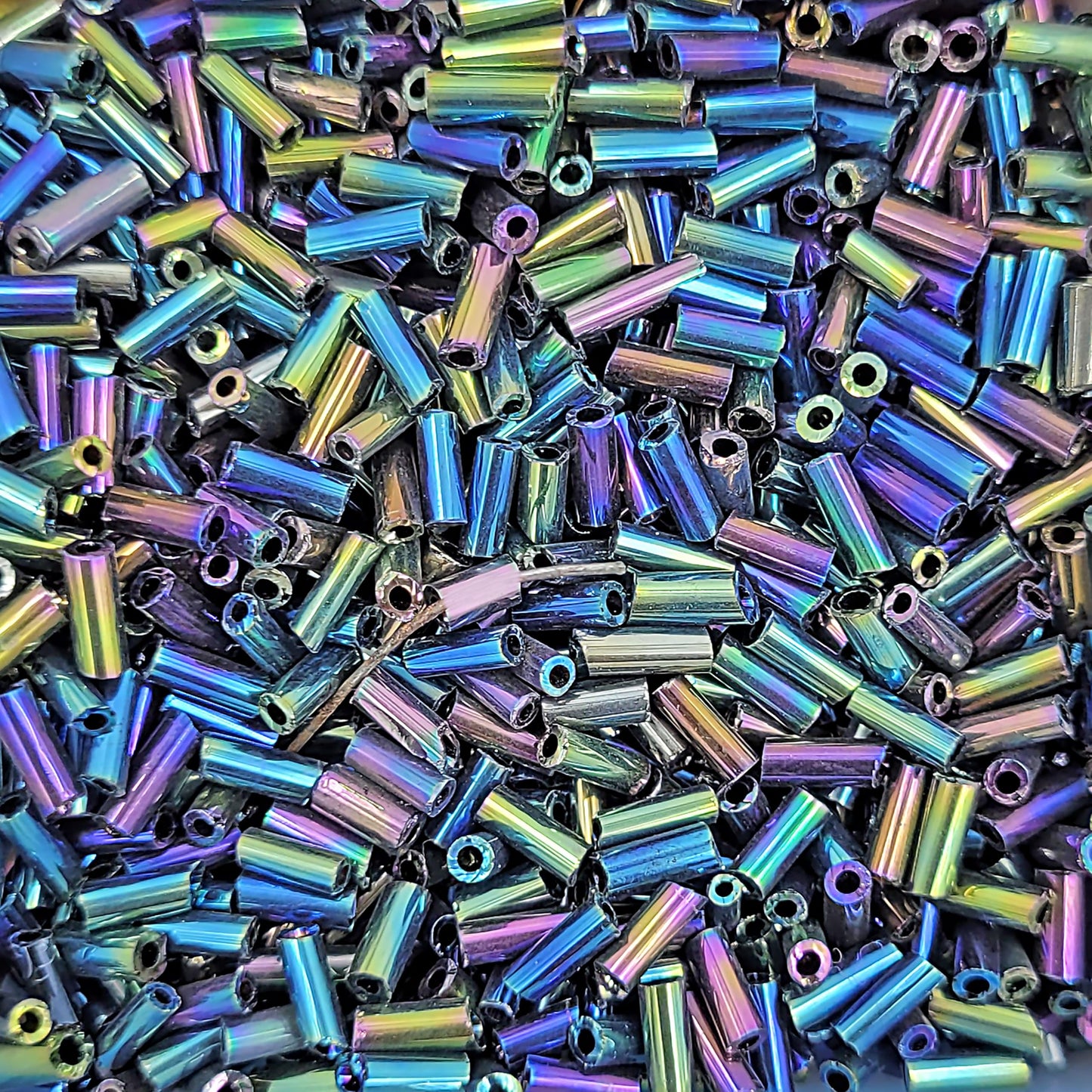 Rainbow 5mm bugle small cut cylinder rainbow tubes 5mm shiny helps add a clean decorative to DIY craft projects, creative hobby work and decorative handmade designs.