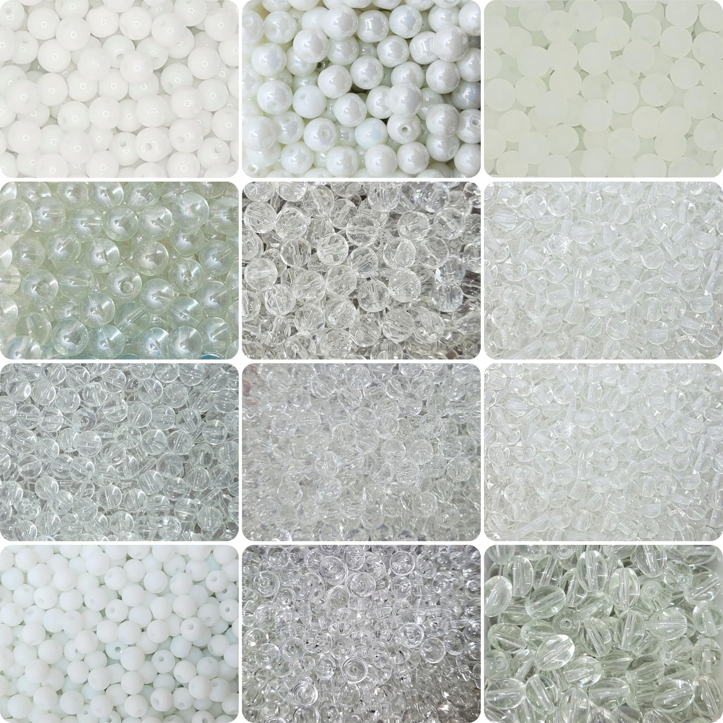 The clean decorative look of white and transparent 3mm 4mm,6mm,8mm beads supports bracelet making, necklace making and DIY jewellery projects.