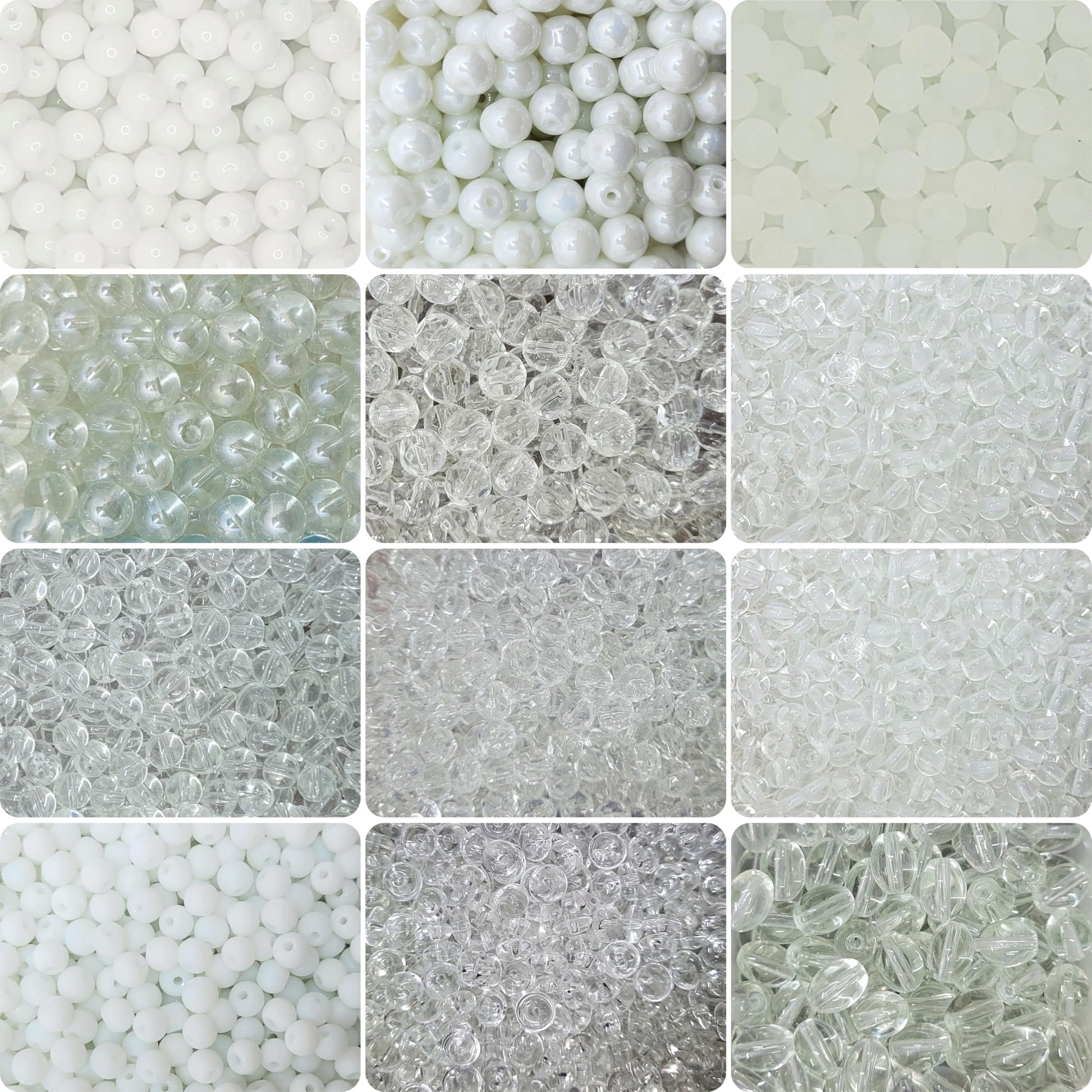 The clean decorative look of white and transparent 3mm 4mm,6mm,8mm beads supports bracelet making, necklace making and DIY jewellery projects.