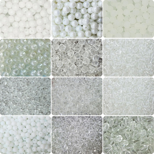 The clean decorative look of white and transparent 3mm 4mm,6mm,8mm beads supports bracelet making, necklace making and DIY jewellery projects.