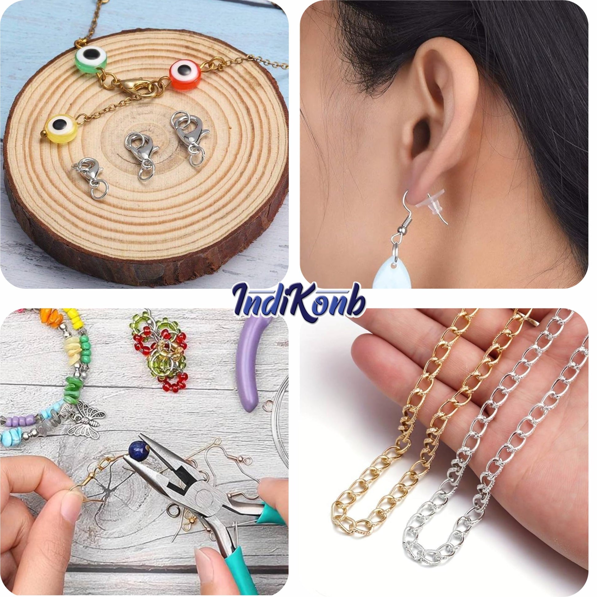 Gold and silver findings + tools jewellery making kit help create useful craft activity set, useful in gift making and DIY jewellery making in creative bead projects.