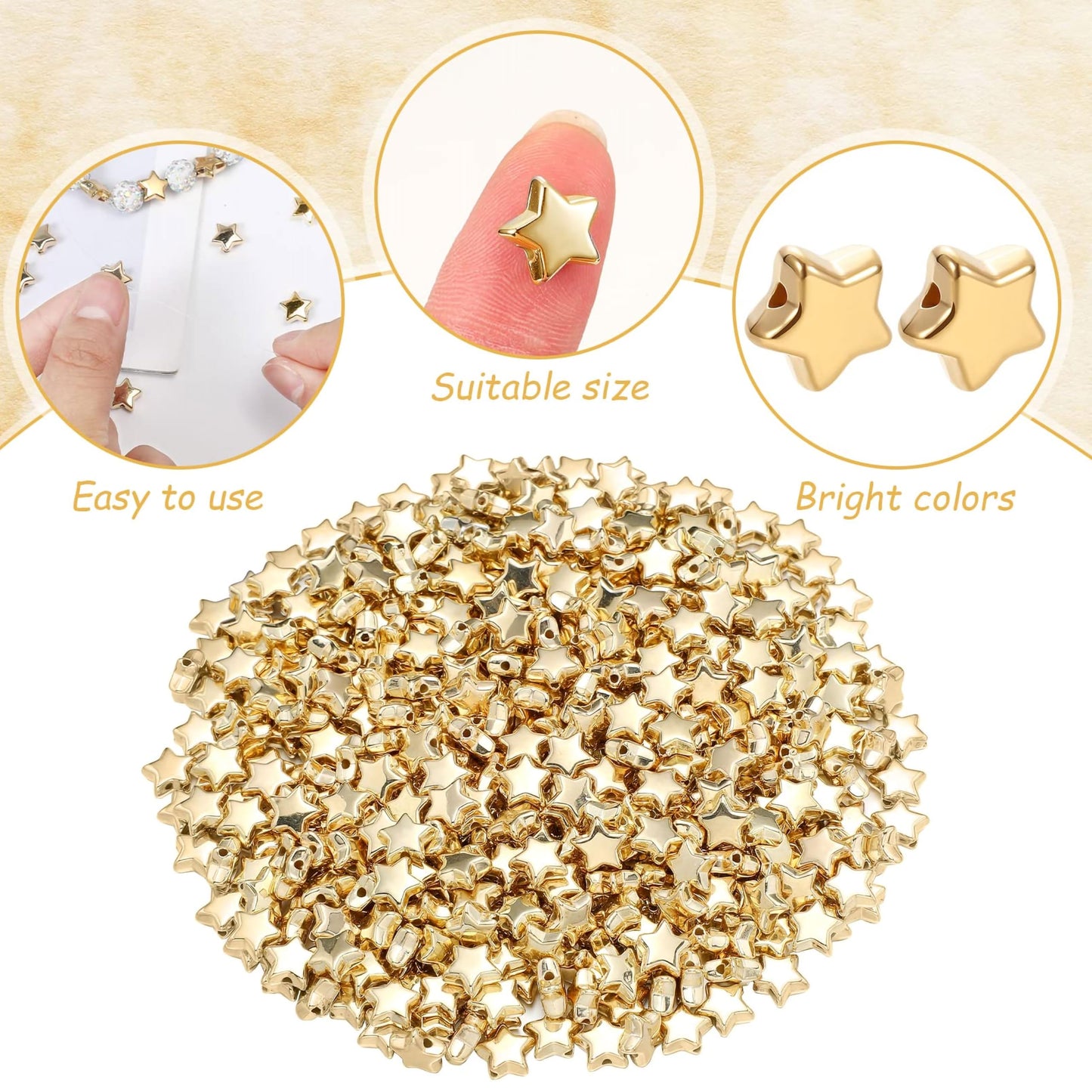A handmade beadwork accent to handmade projects makes star gold and silver plastic and acrylic beads suitable for necklace making and DIY jewellery projects.