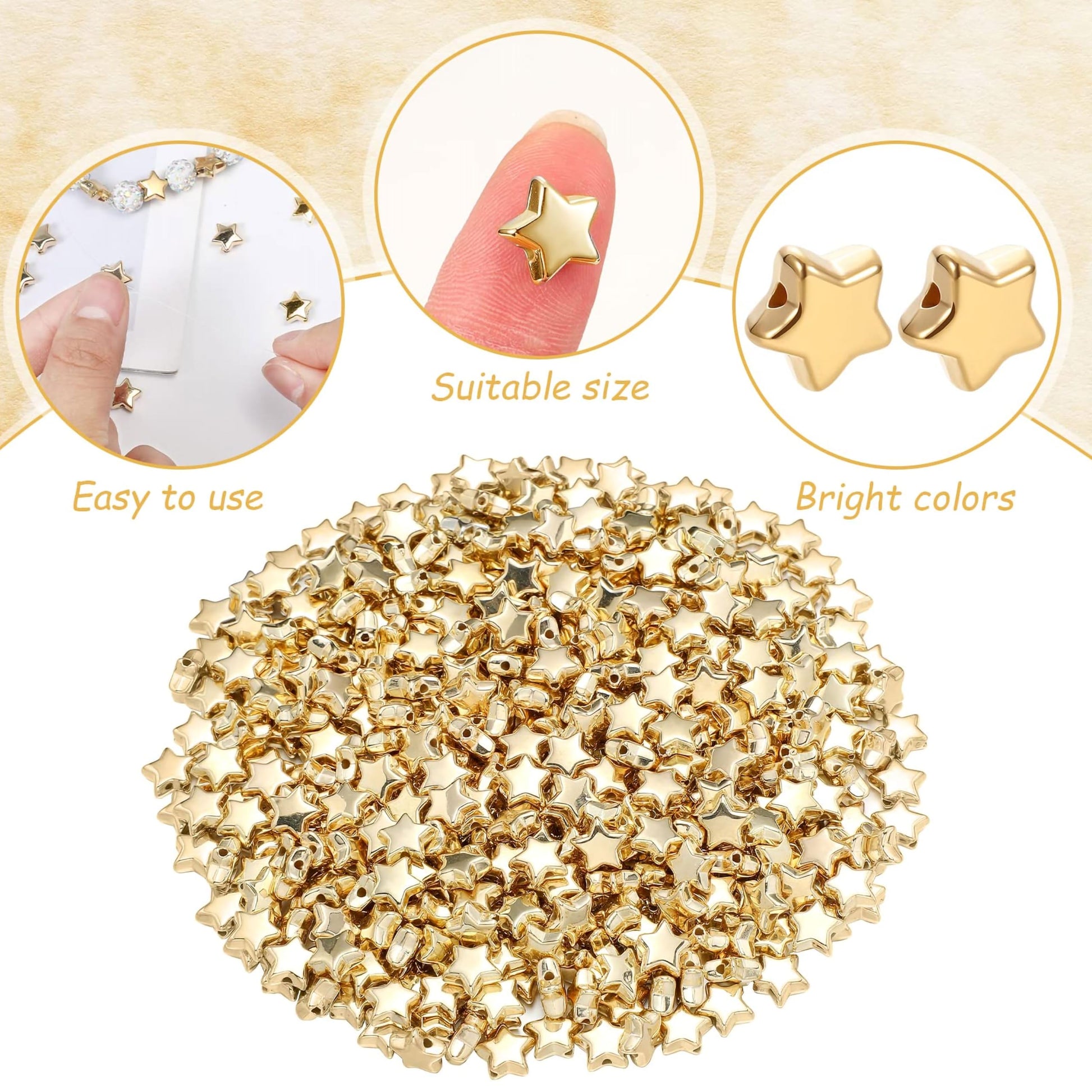 A handmade beadwork accent to handmade projects makes star gold and silver plastic and acrylic beads suitable for necklace making and DIY jewellery projects.