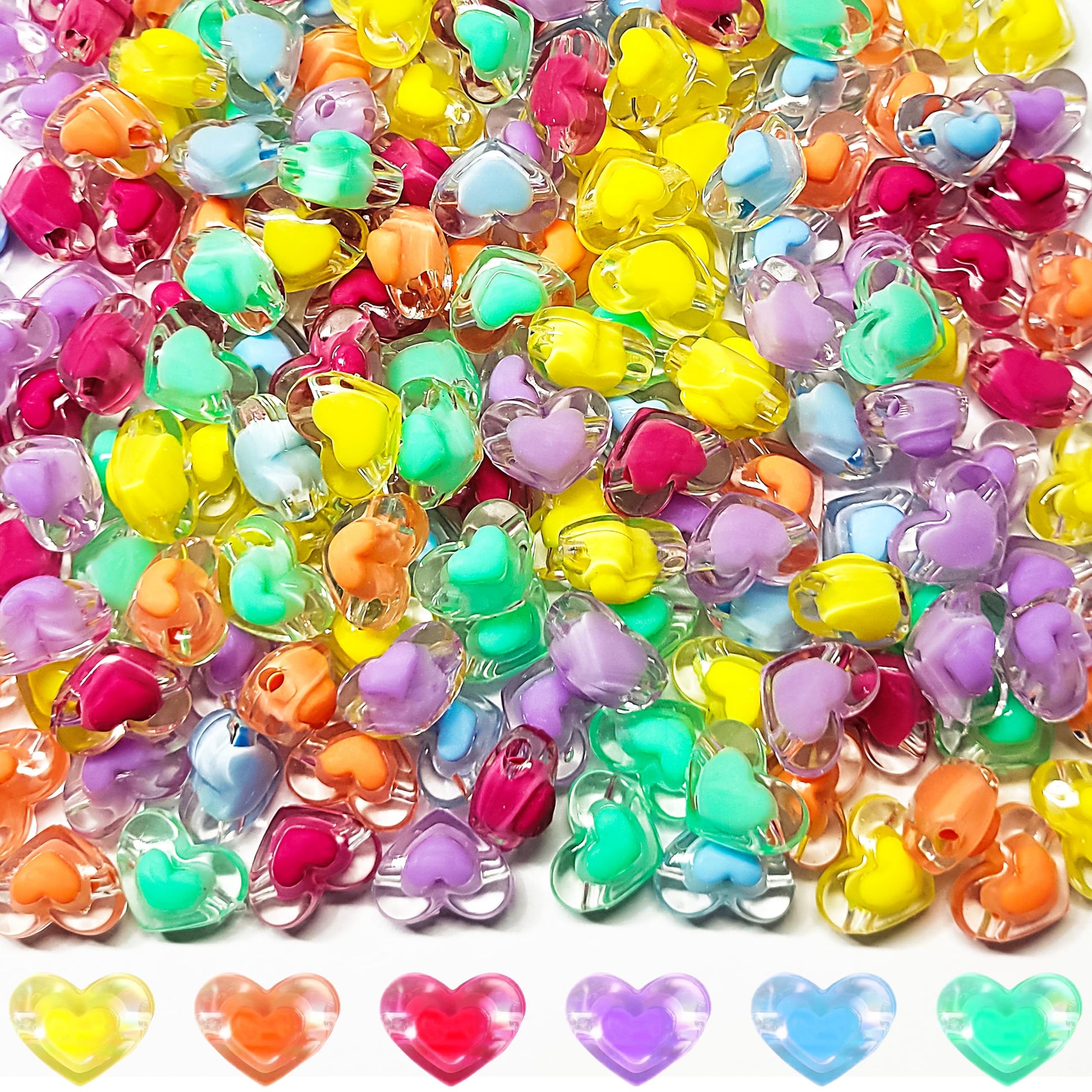 Multicolor Transparent Acrylic Heart Beads with Inner Crystal. Main product image showing the full assortment for jewelry making and craft work.