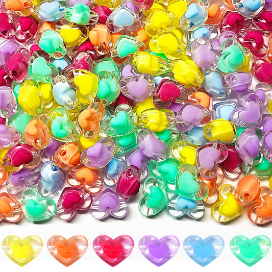 Multicolor Transparent Acrylic Heart Beads with Inner Crystal. Main product image showing the full assortment for jewelry making and craft work.