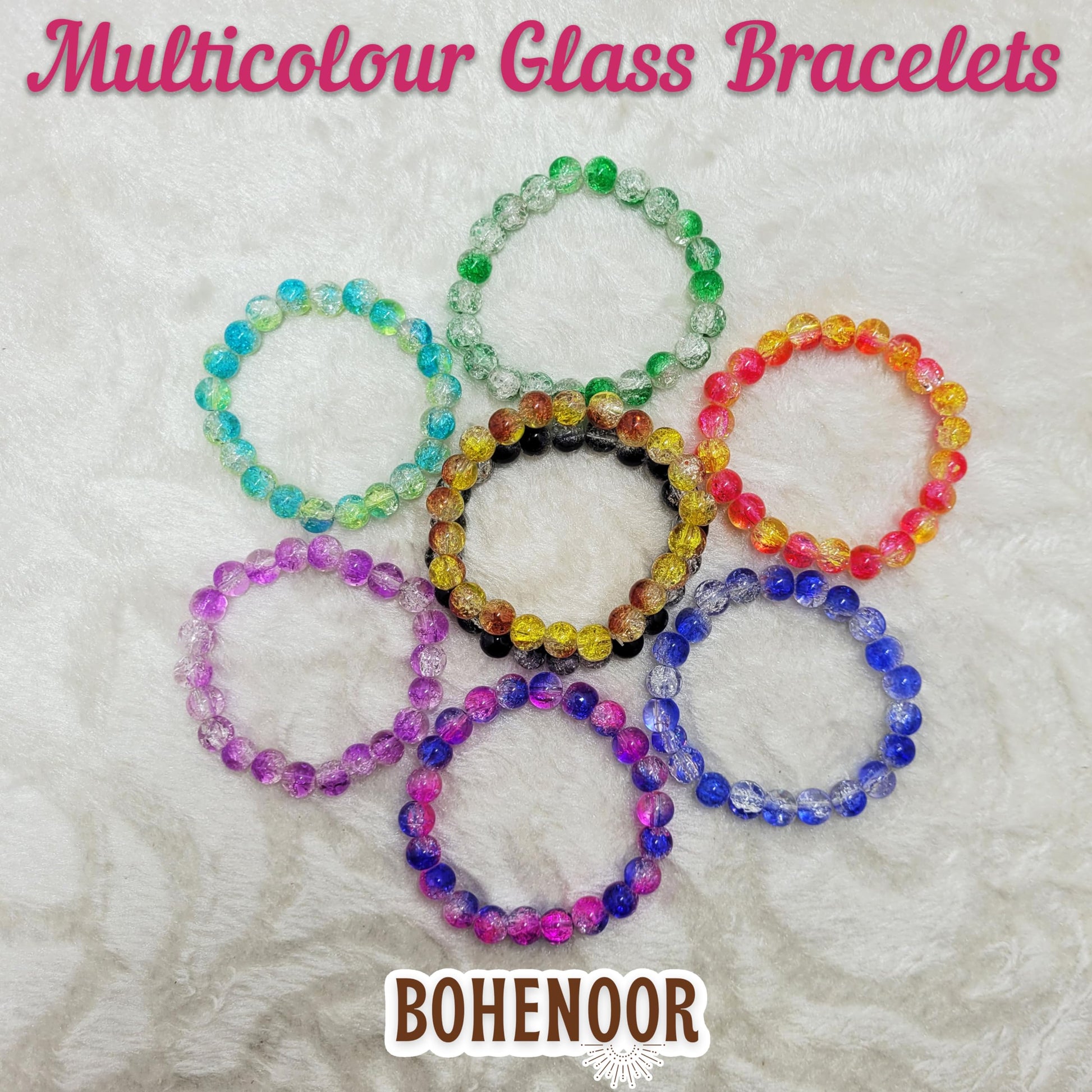 Use multicolour glass and elastic bracelet to give festive outfits a neat decorative finish, useful in casual accessory looks and everyday styling with birthday detail.