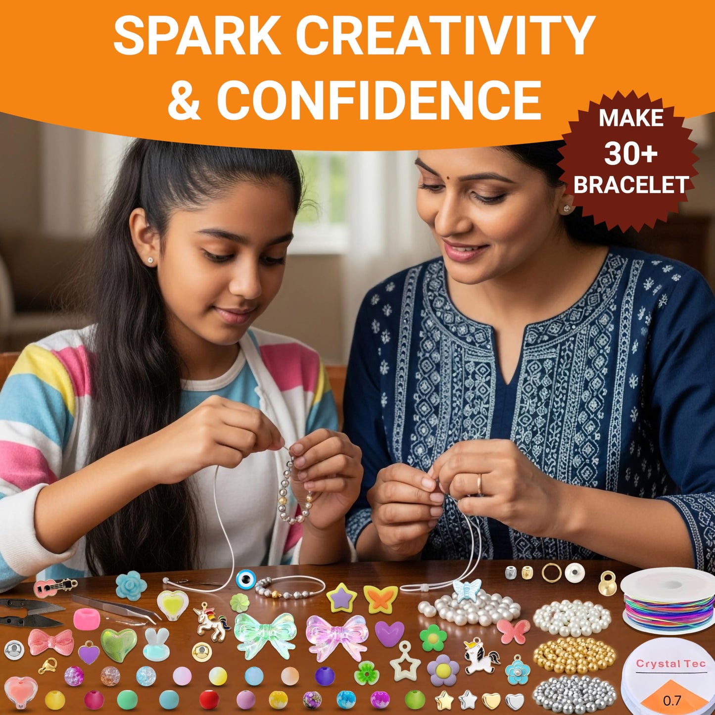 Multicolor Bracelet Making Kit for Girls Age 12-15 Years Old with Beads Acrylic. Additional close-up image highlighting material texture and color variety.