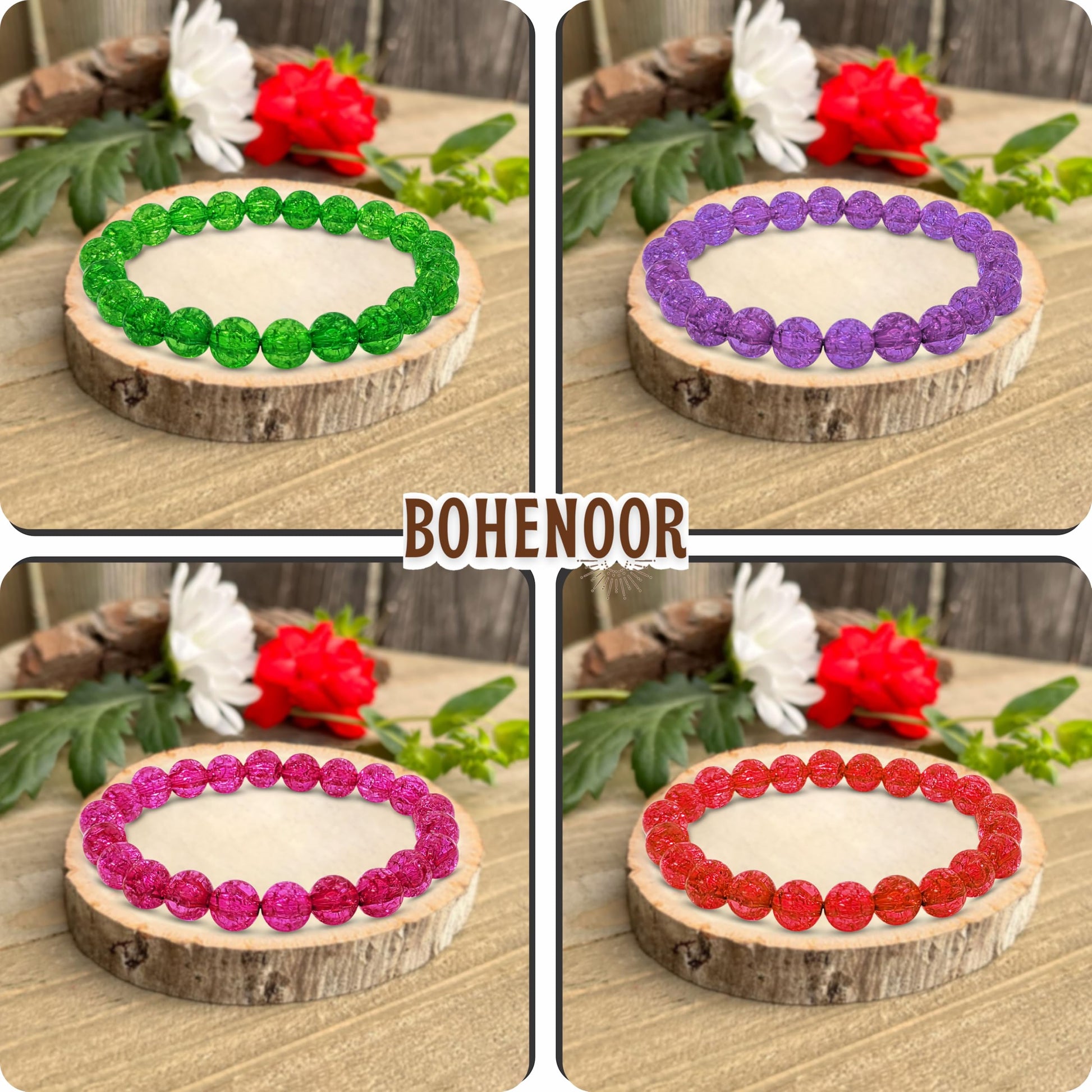 Multicolor Glass Crackle Beads Bracelets Set. Packaging and contents image showing the full set for craft use.