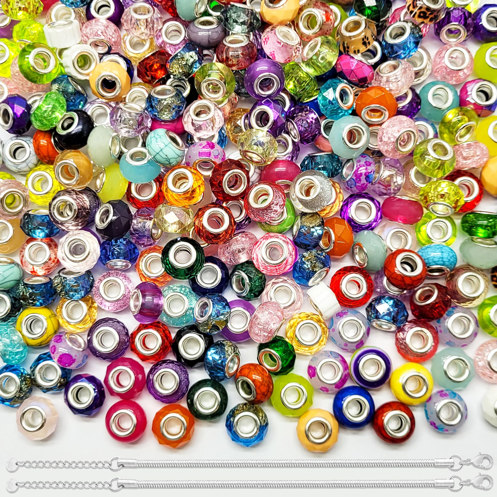 Multicolor European Craft Beads with 2 Chain Cords Acrylic. Main product image showing the full assortment for jewelry making and craft work.