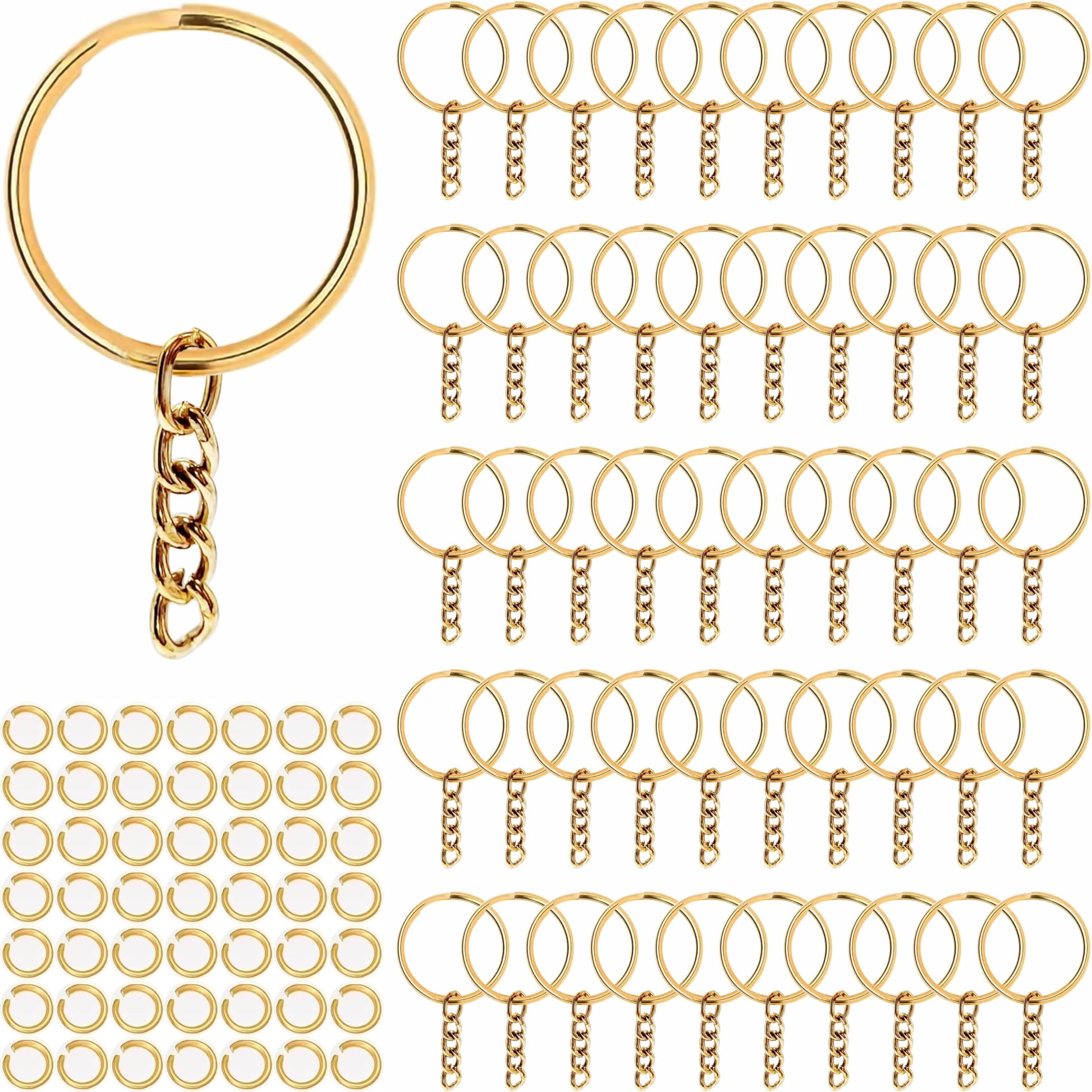 Gold Keychain Rings with Jump Rings. Main product image showing the full product layout.