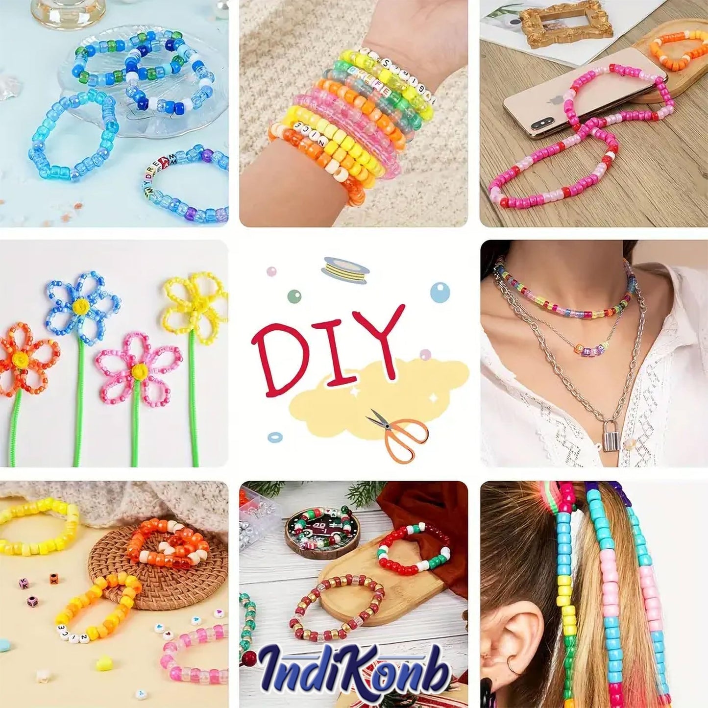 To add a handmade beadwork accent to handmade projects, place multicolour and pastel plastic and thread beads into necklace making and DIY jewellery projects.