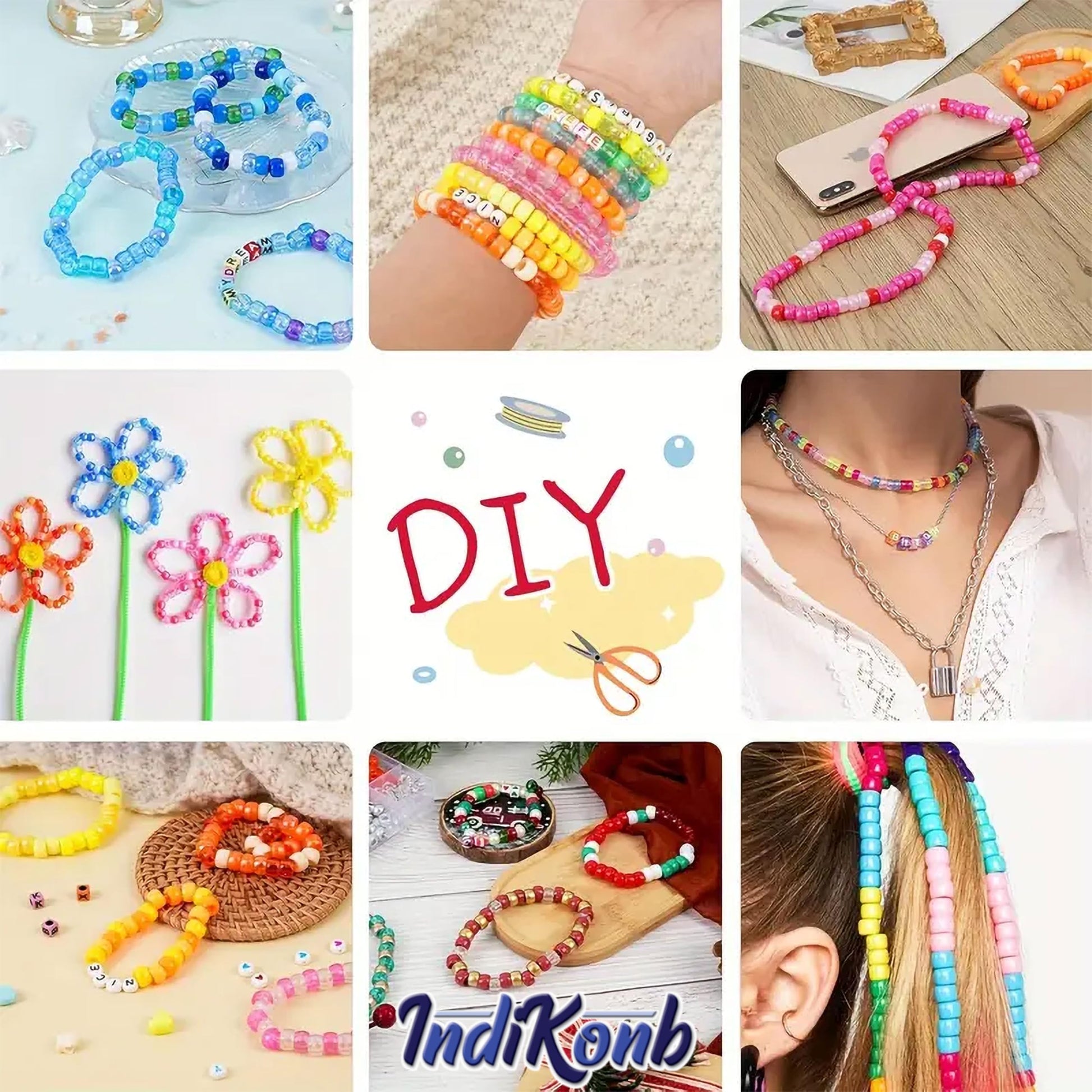 To add a handmade beadwork accent to handmade projects, place multicolour and pastel plastic and thread beads into necklace making and DIY jewellery projects.