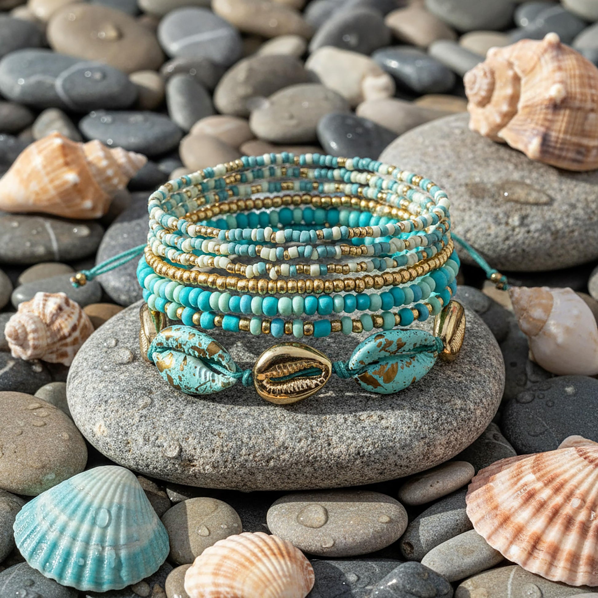 Bohemian Blue Layered Bracelets Stack for Women, Shell Aqua image 3
