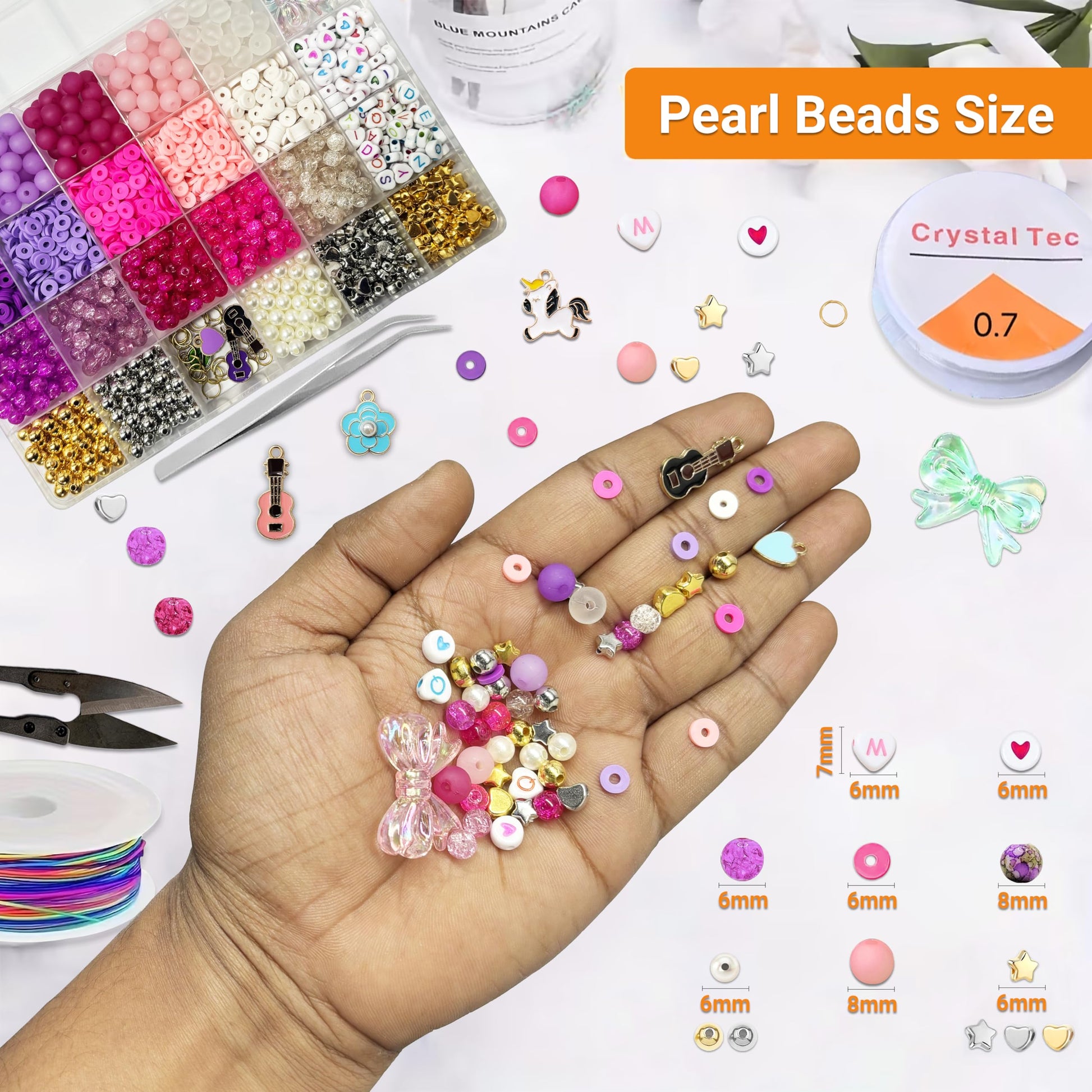 Multicolor Bracelet Making Set for Girls Age 8-12 Years Old with Beads Acrylic. Assorted layout image showing beads organized for bracelet and DIY projects.