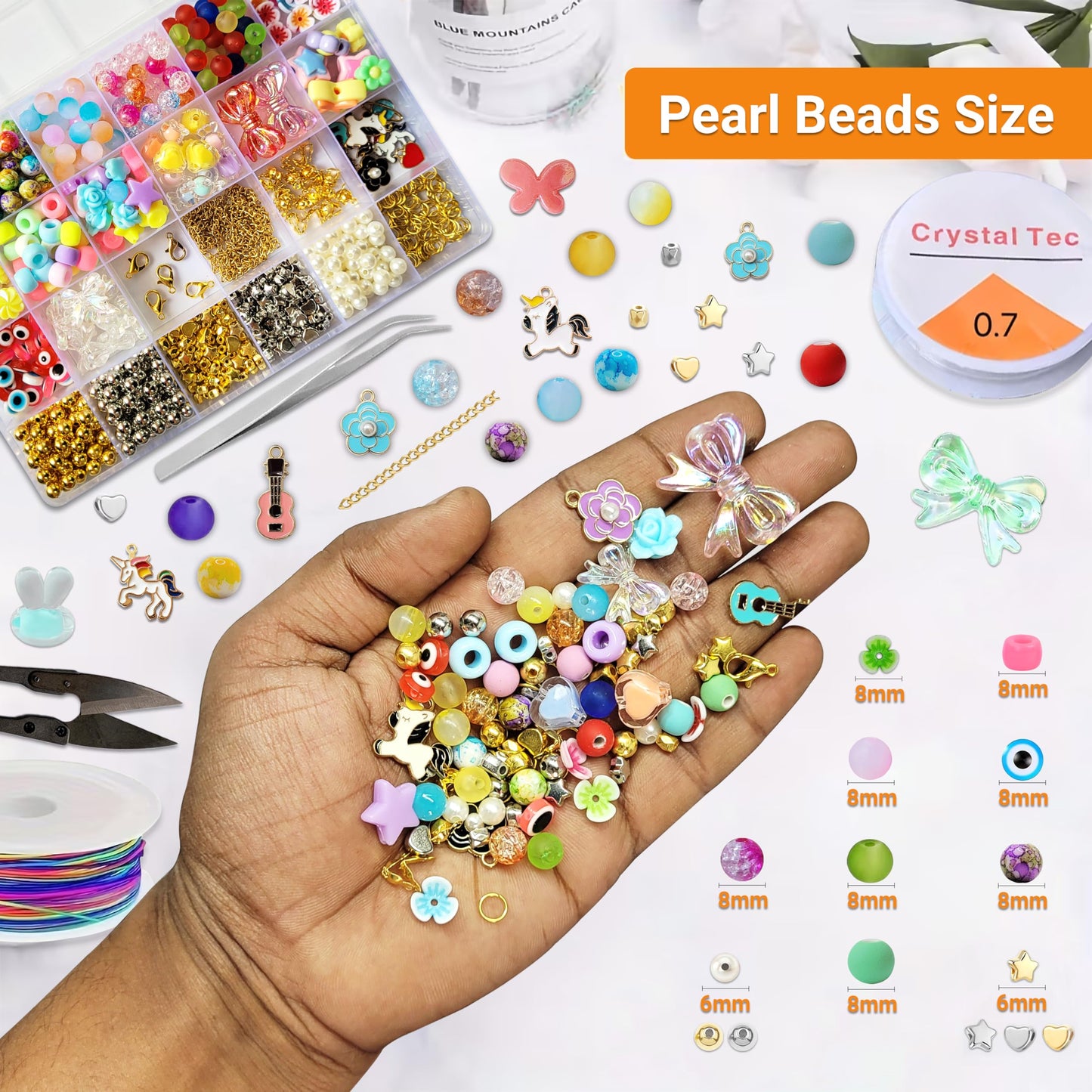 Multicolor Bracelet Making Kit for Girls Age 12-15 Years Old with Beads Acrylic. Assorted layout image showing beads organized for bracelet and DIY projects.