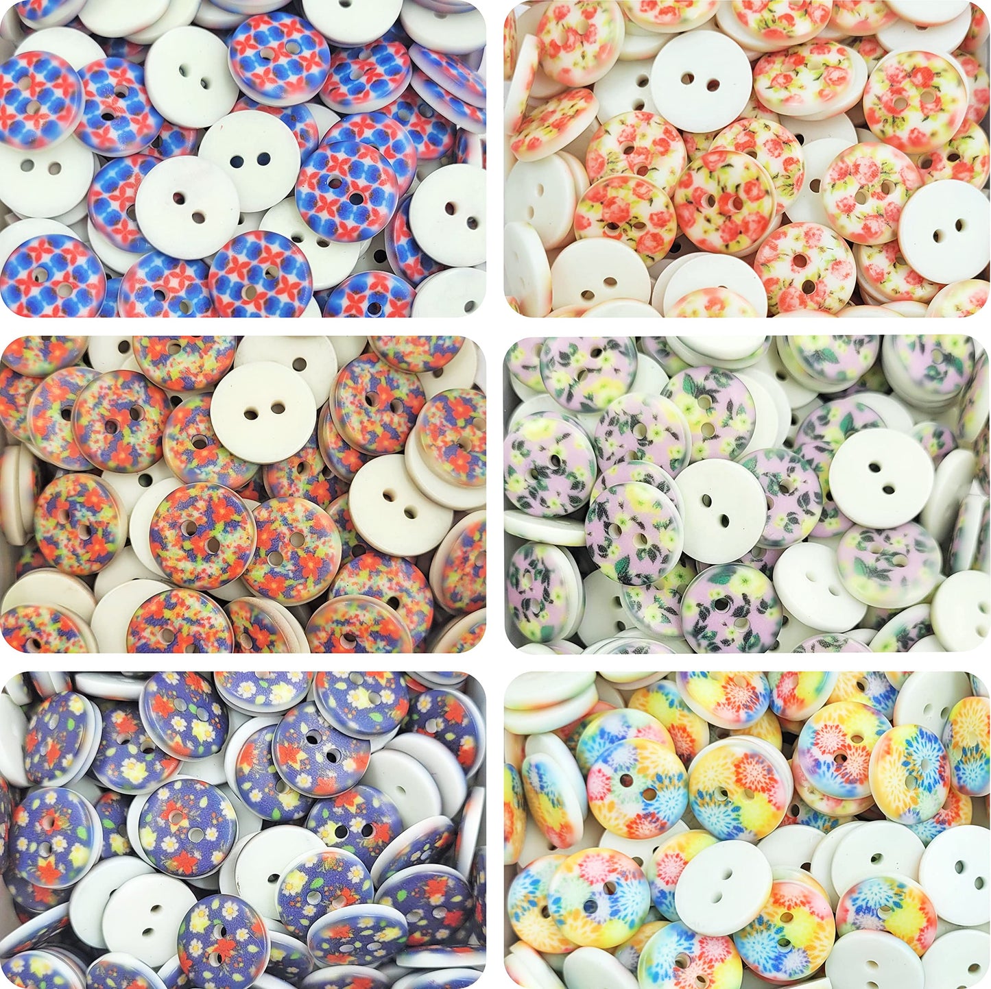 Multicolour patterns buttons support sewing, garment repair and fabric craft with a clean decorative finish.