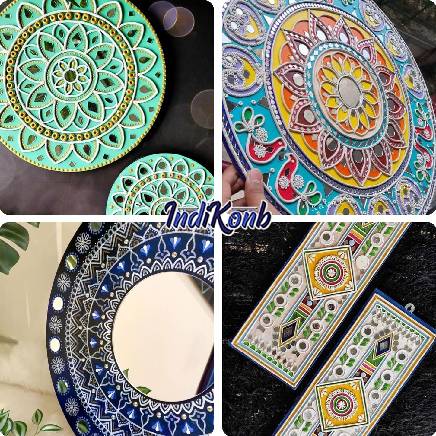 The handmade wall art finish of gold and silver glass and mirror Lippan art glass pieces supports mirror work.