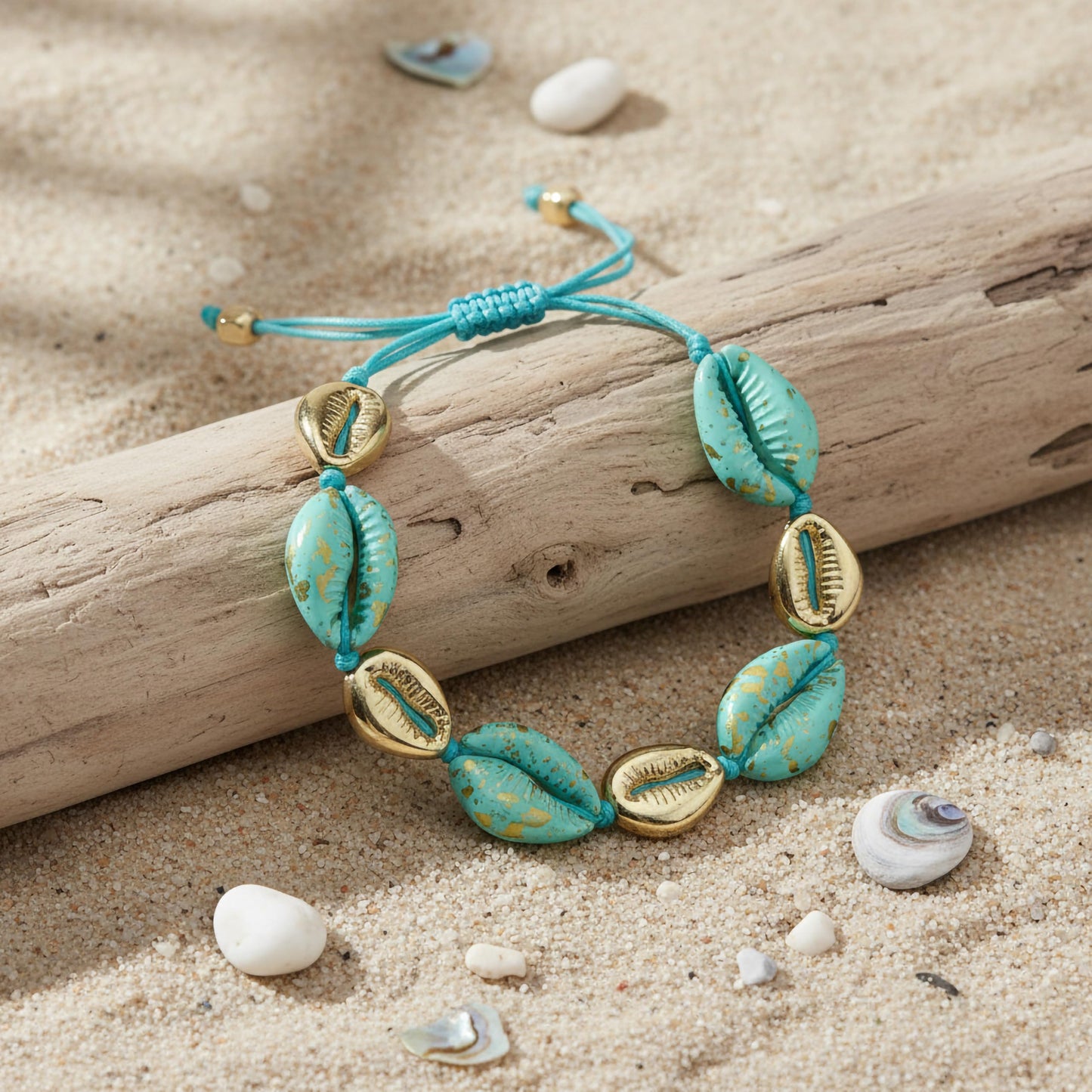 Boho style blue shell bracelet with metallic gold detailing