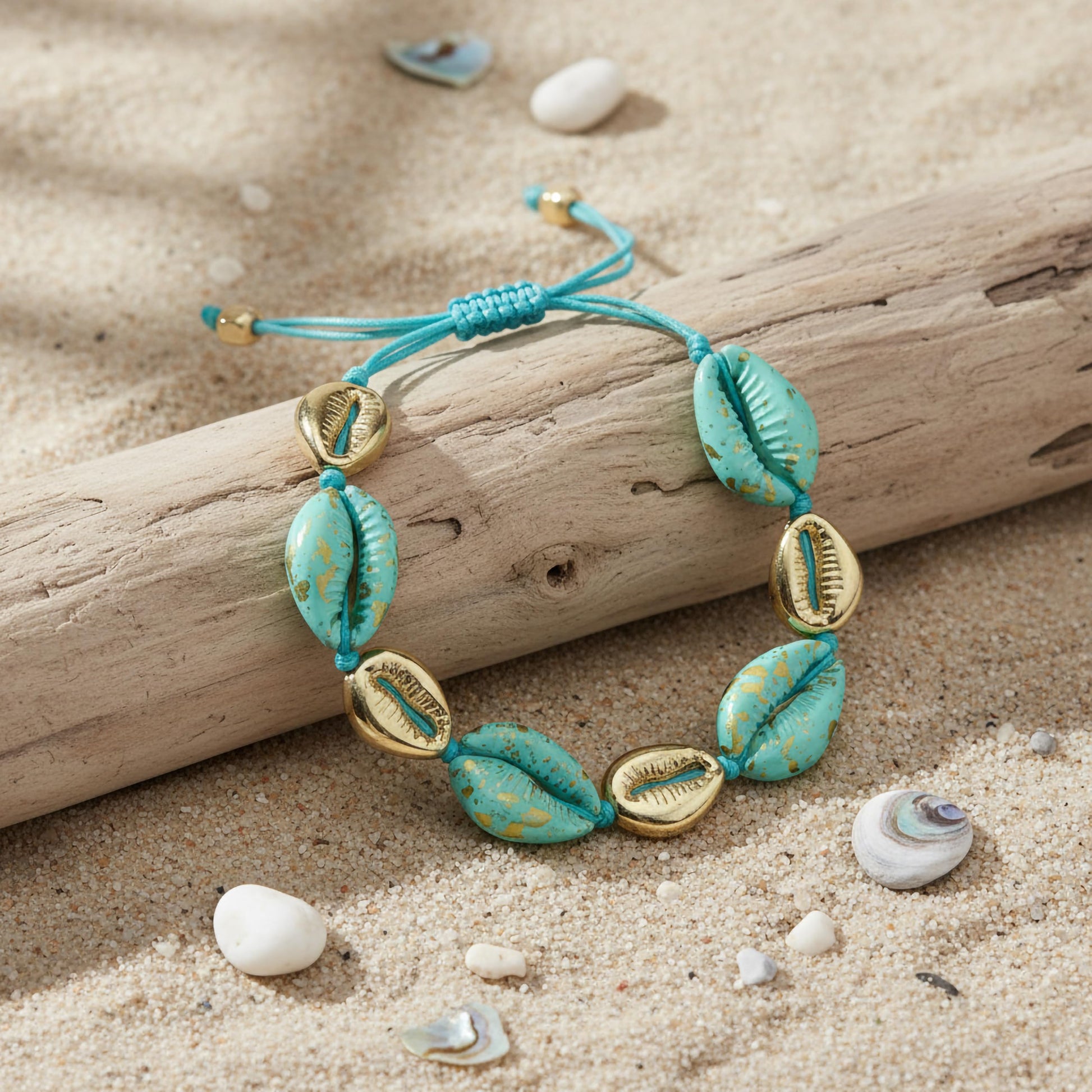 Boho style blue shell bracelet with metallic gold detailing
