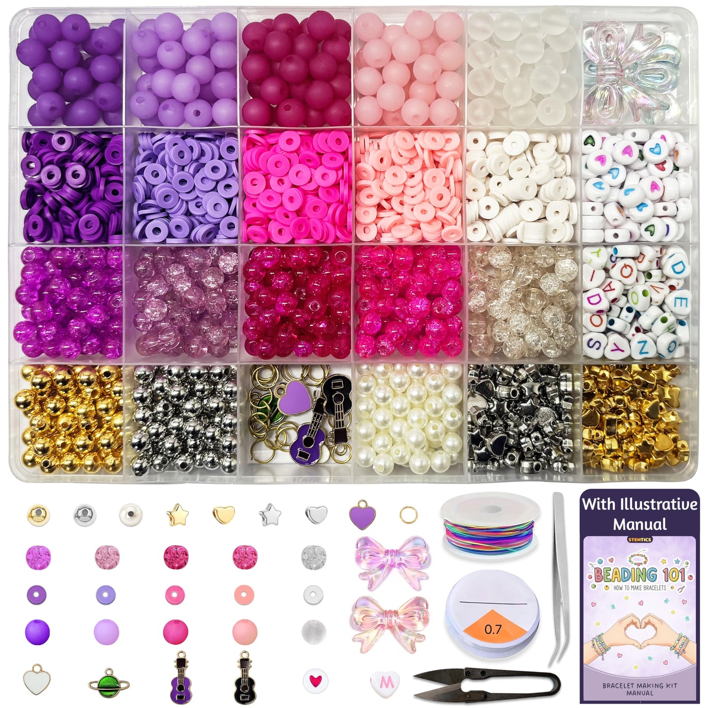 Multicolor Bracelet Making Set for Girls Age 8-12 Years Old with Beads Acrylic. Main product image showing the full assortment for jewelry making and craft